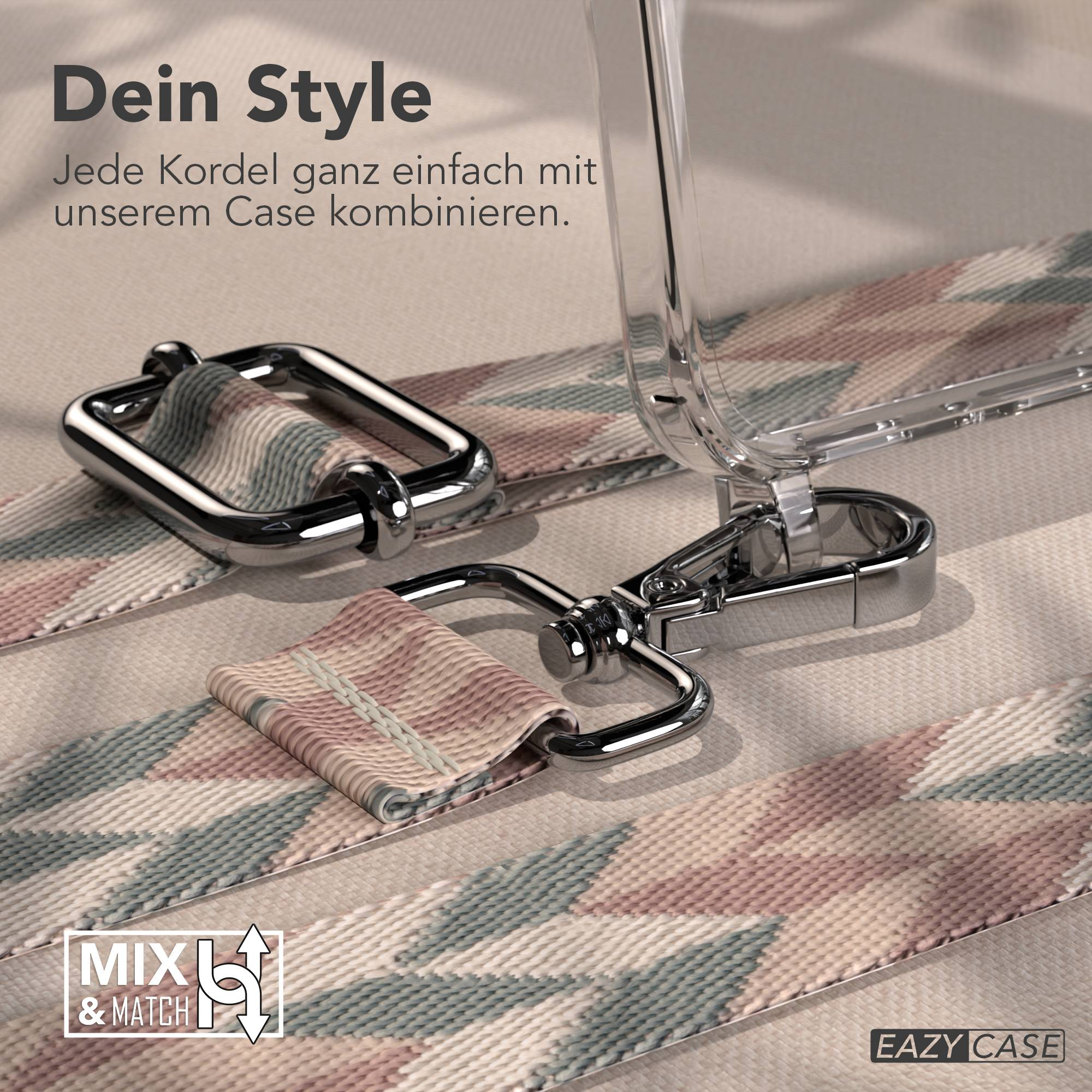 Eine klare Handyhülle mit einem gemusterten Band und silbernen Schnallen.