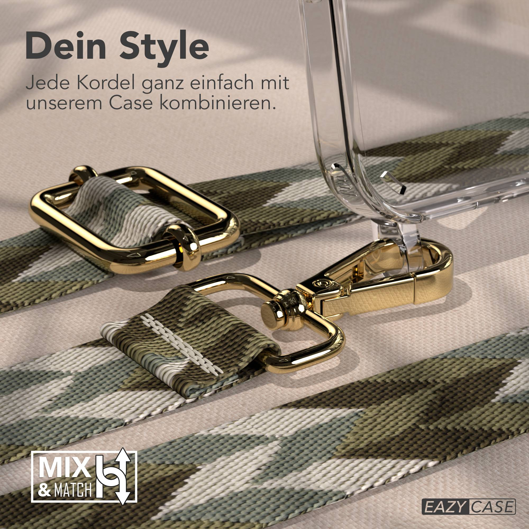 Ein Camouflage-Armband mit goldener Hardware und Hülle. Text: 'Dein Style.'
