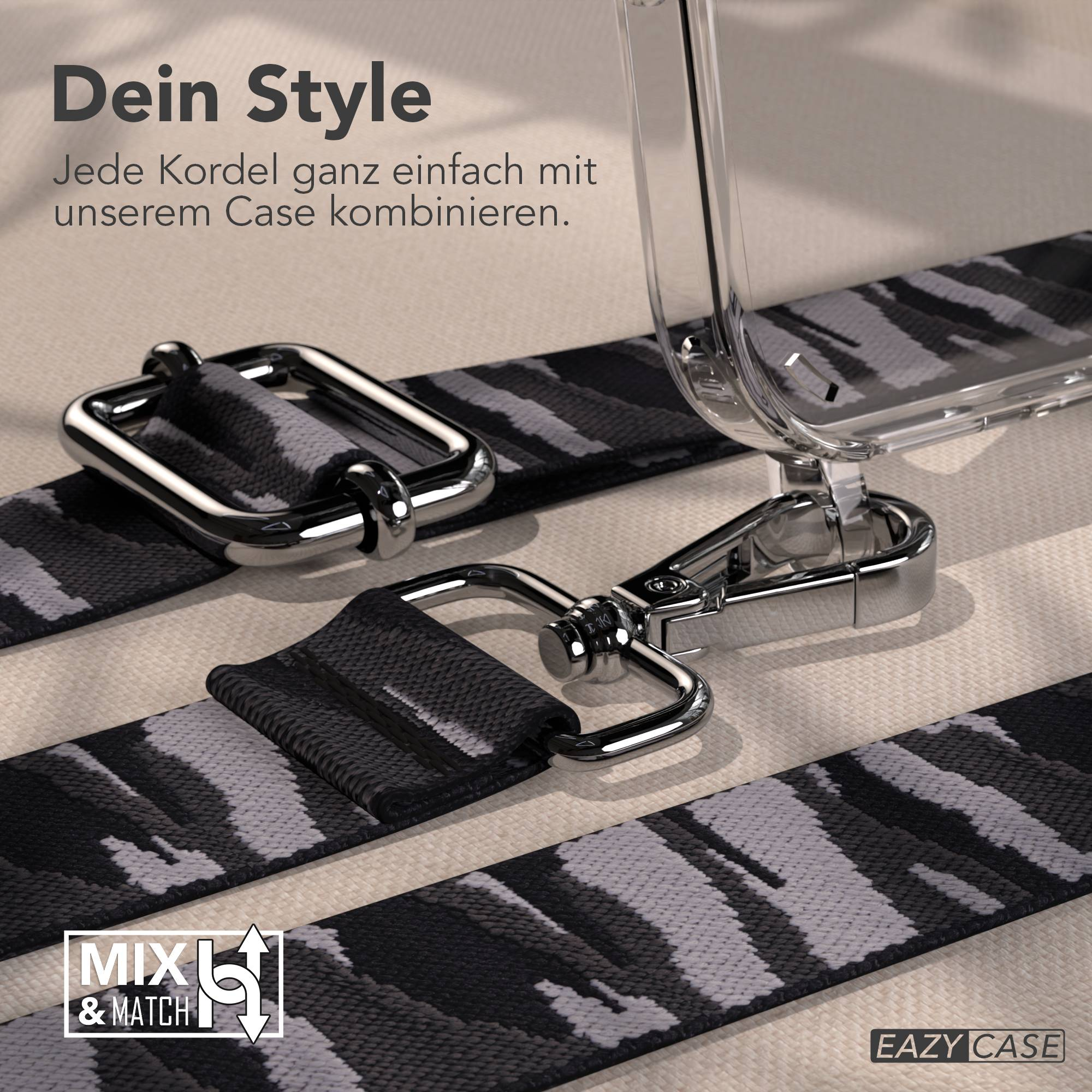 Ein durchsichtiges Handyhülle mit Camouflage-Band und silbernen Schnallen.