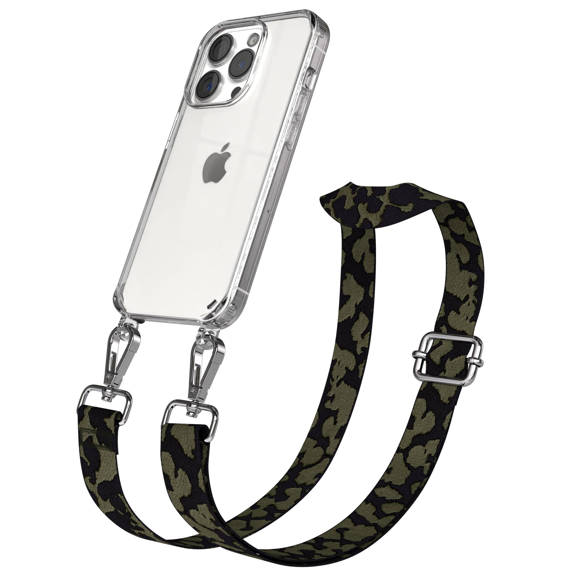 Ein transparentes iPhone-Case mit Tarnmuster-Trägerband und silbernen Karabinern.