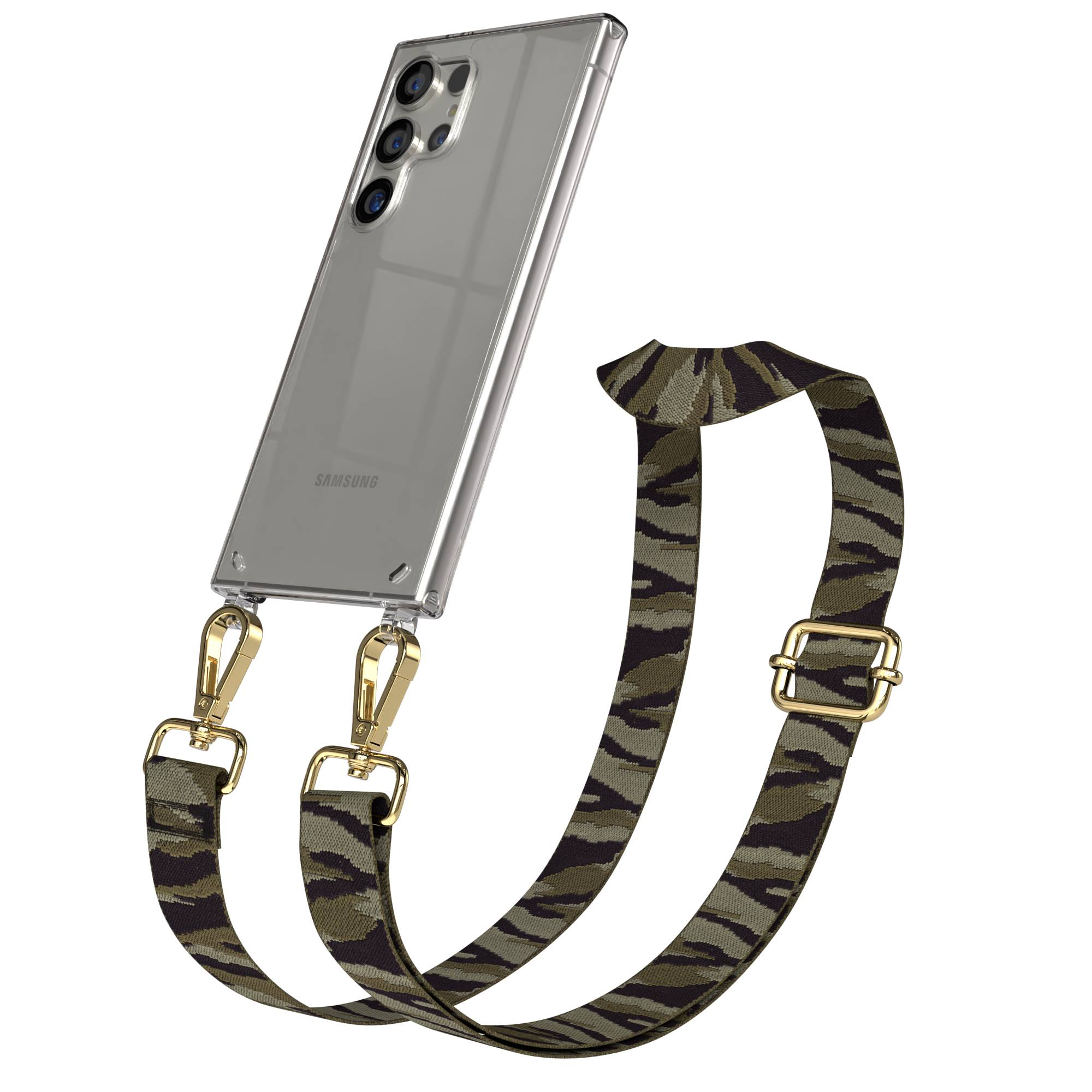 Ein transparentes Samsung-Smartphone mit einem Tarnmuster-Umhängeband und goldenen Karabinern.