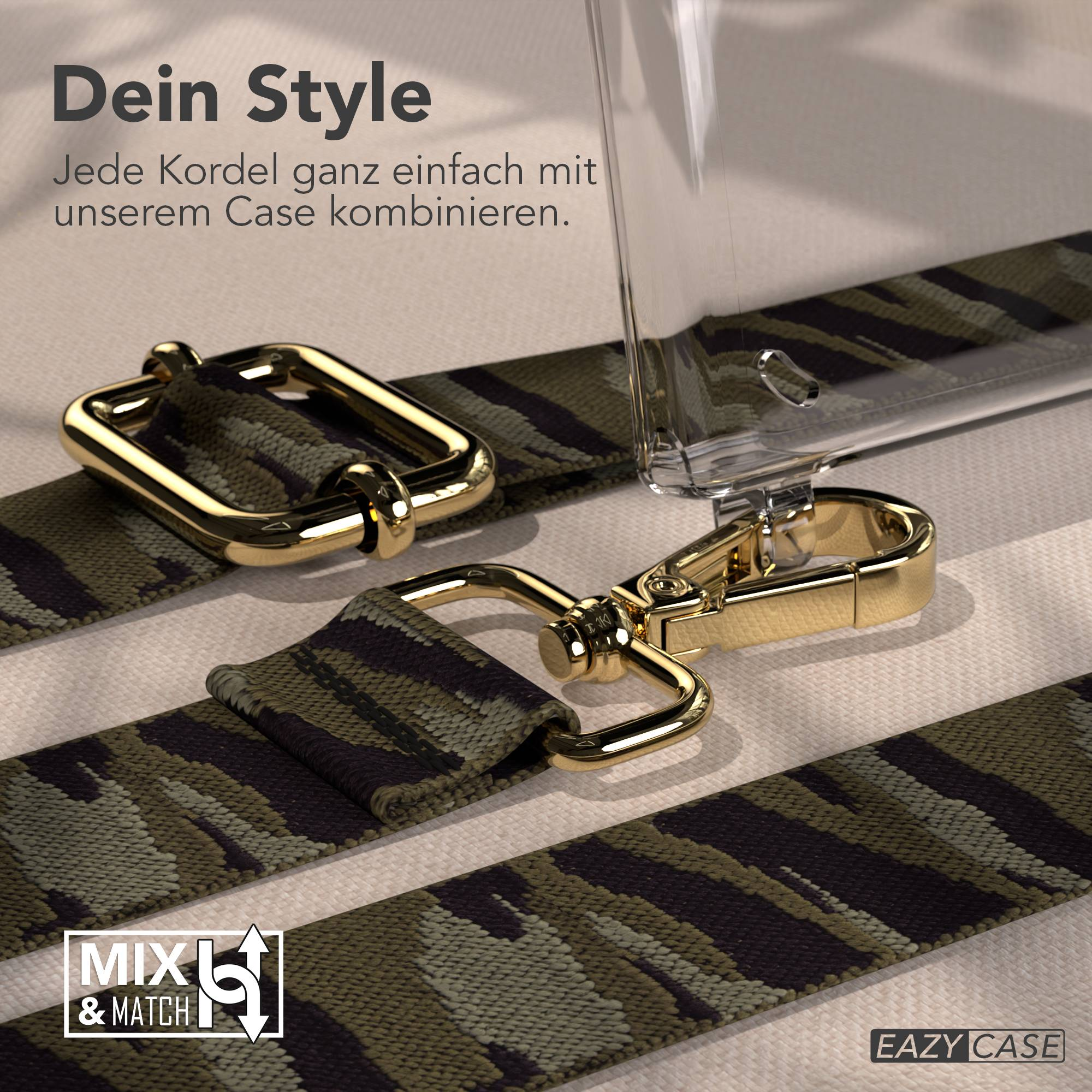 Tarnfarbenes Band mit goldenen Karabinerhaken und einem transparenten Case.