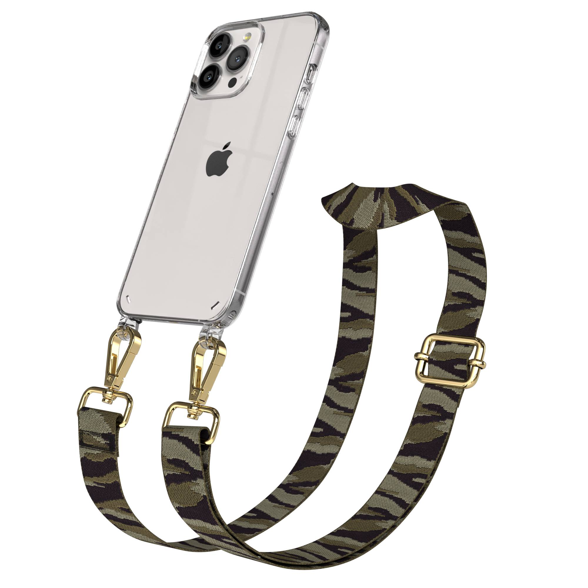Klare iPhone-Hülle mit Camouflage-Gurt und goldener Hardware auf weißem Hintergrund.