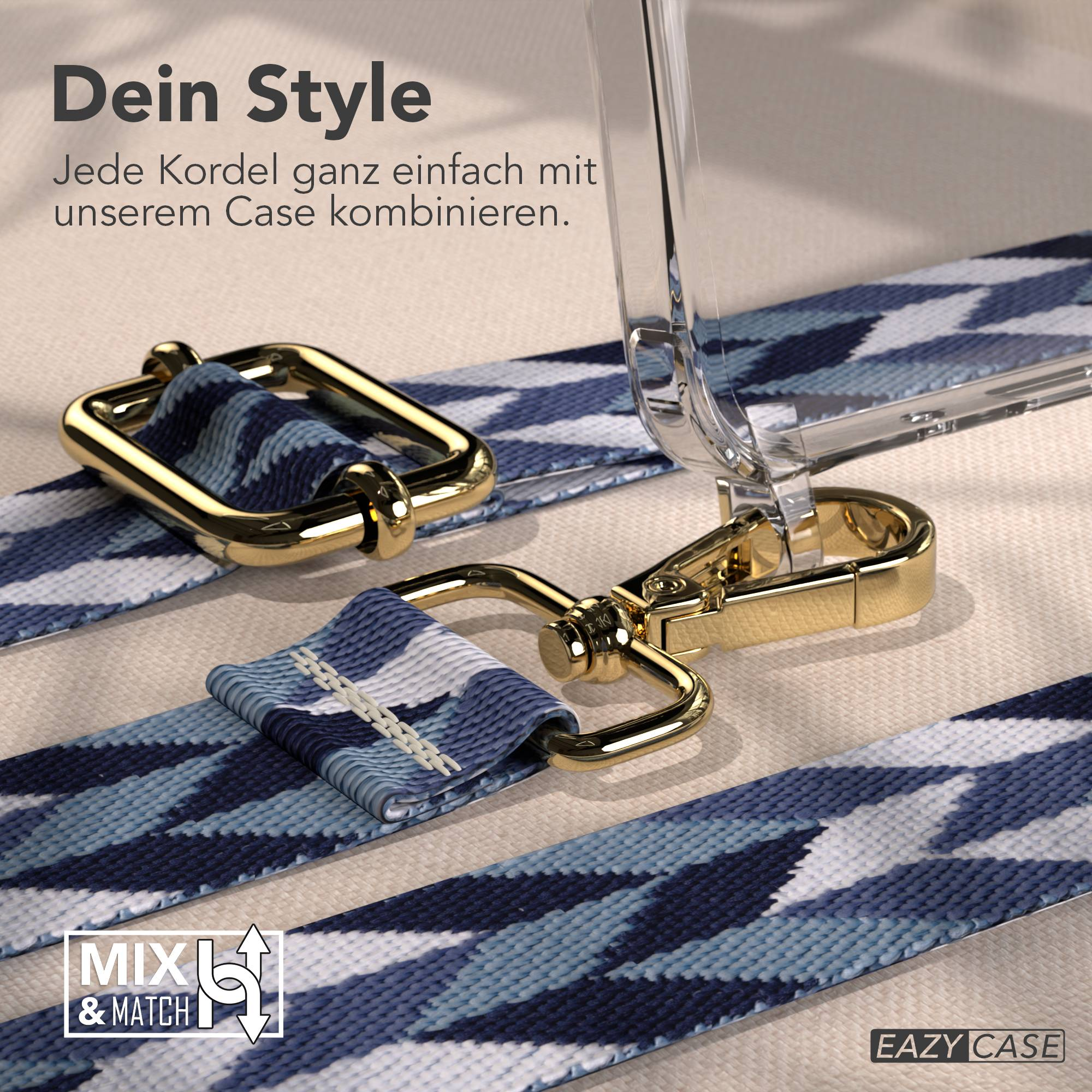 Eine transparente Hülle mit einem blauen, geometrischen Band und goldenen Schnallen.