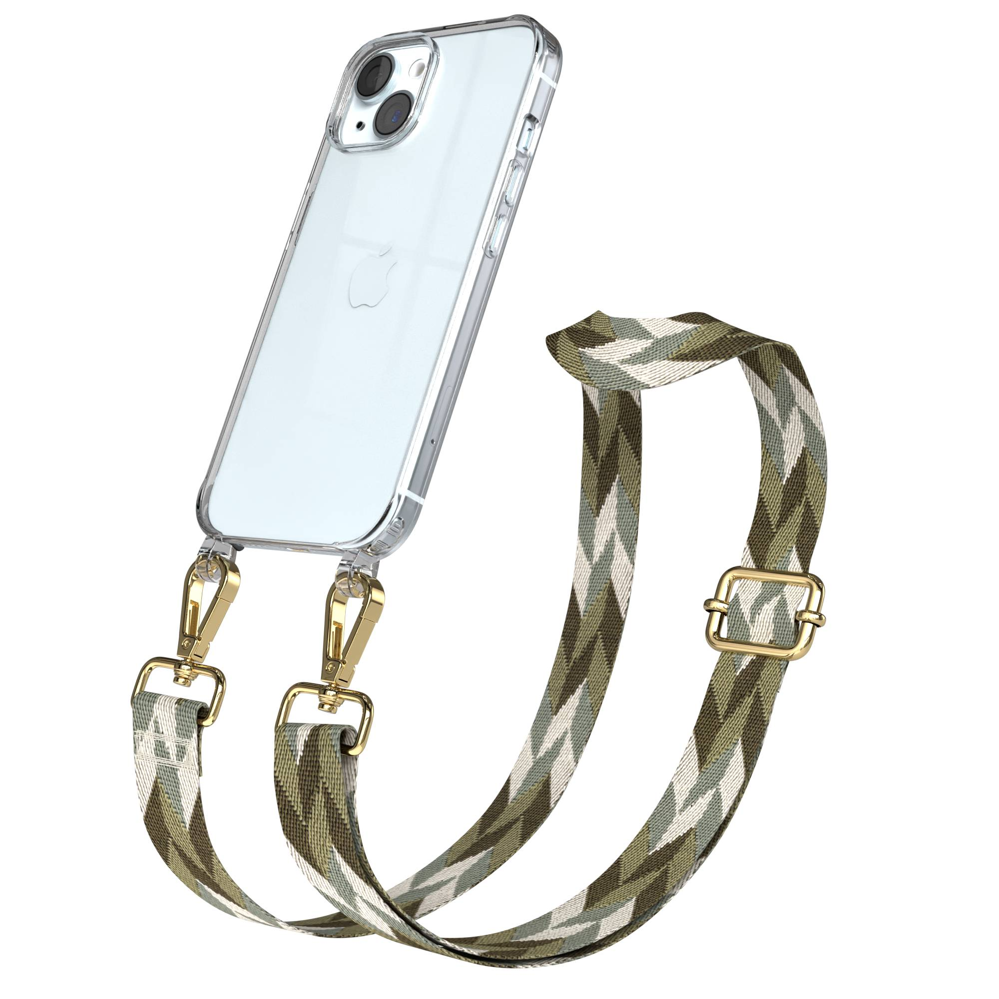 Ein durchsichtiges iPhone mit einem gemusterten Tragegurt in Khaki und Weiß.