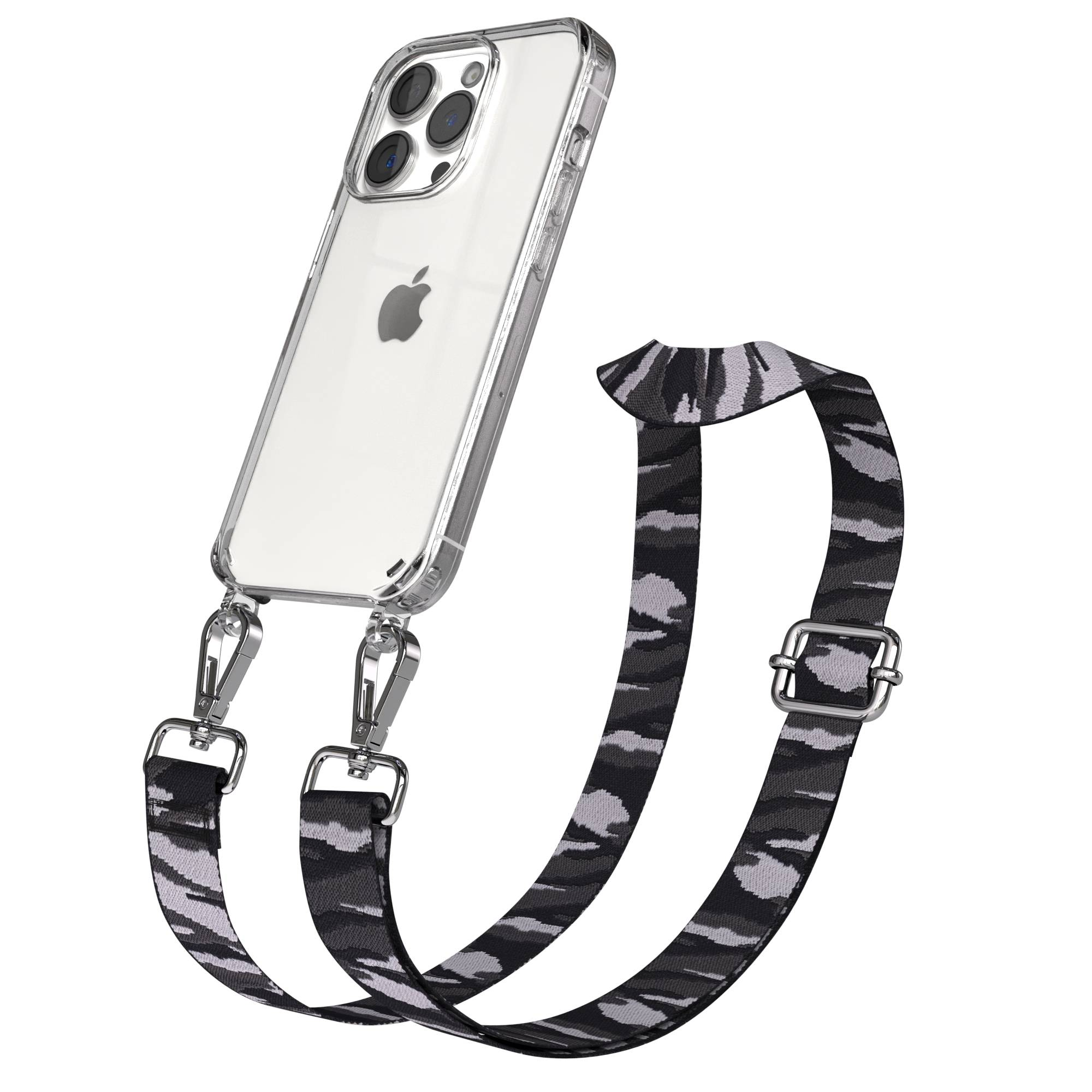 Klare iPhone-Hülle mit einer schwarz-grauen Tarnband-Schlaufe.