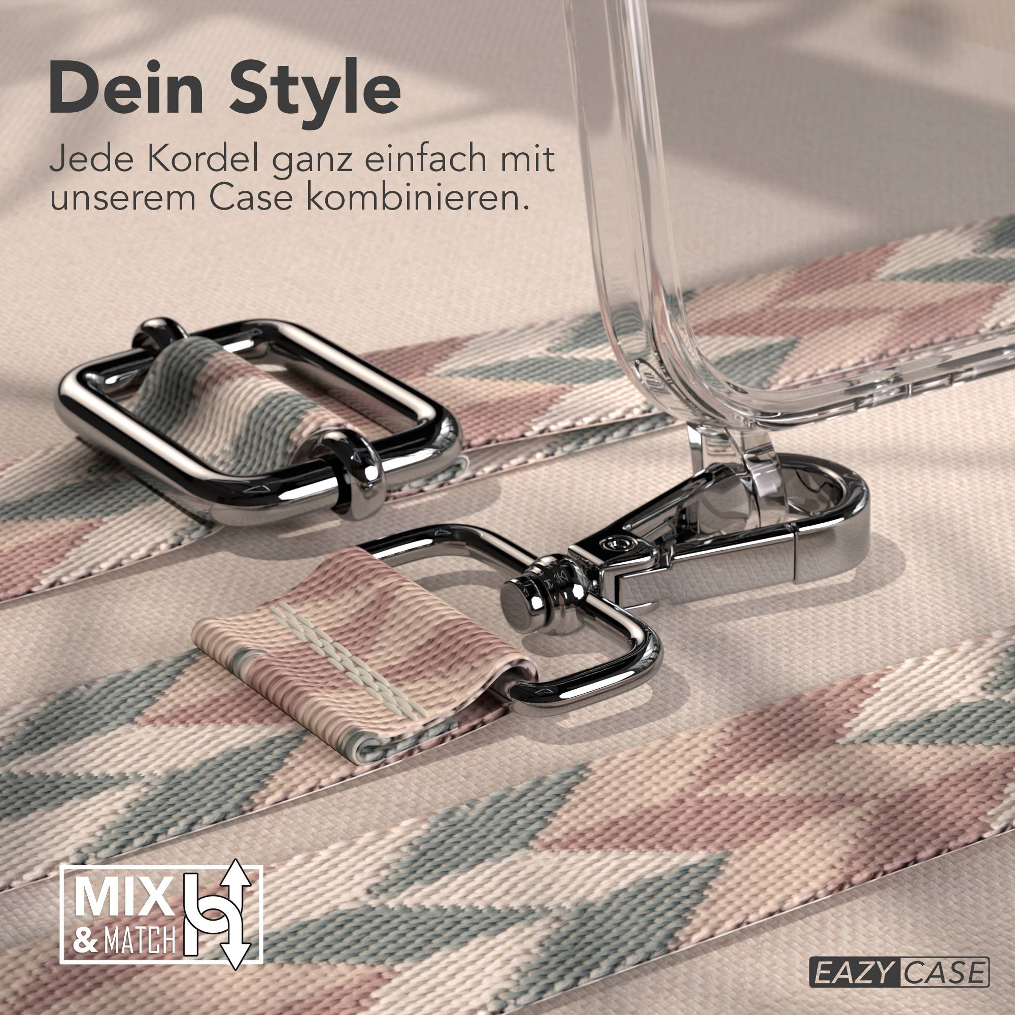 Nahaufnahme eines Handyhüllen-Riemens mit Metallverschlüssen und geometrischem Muster.