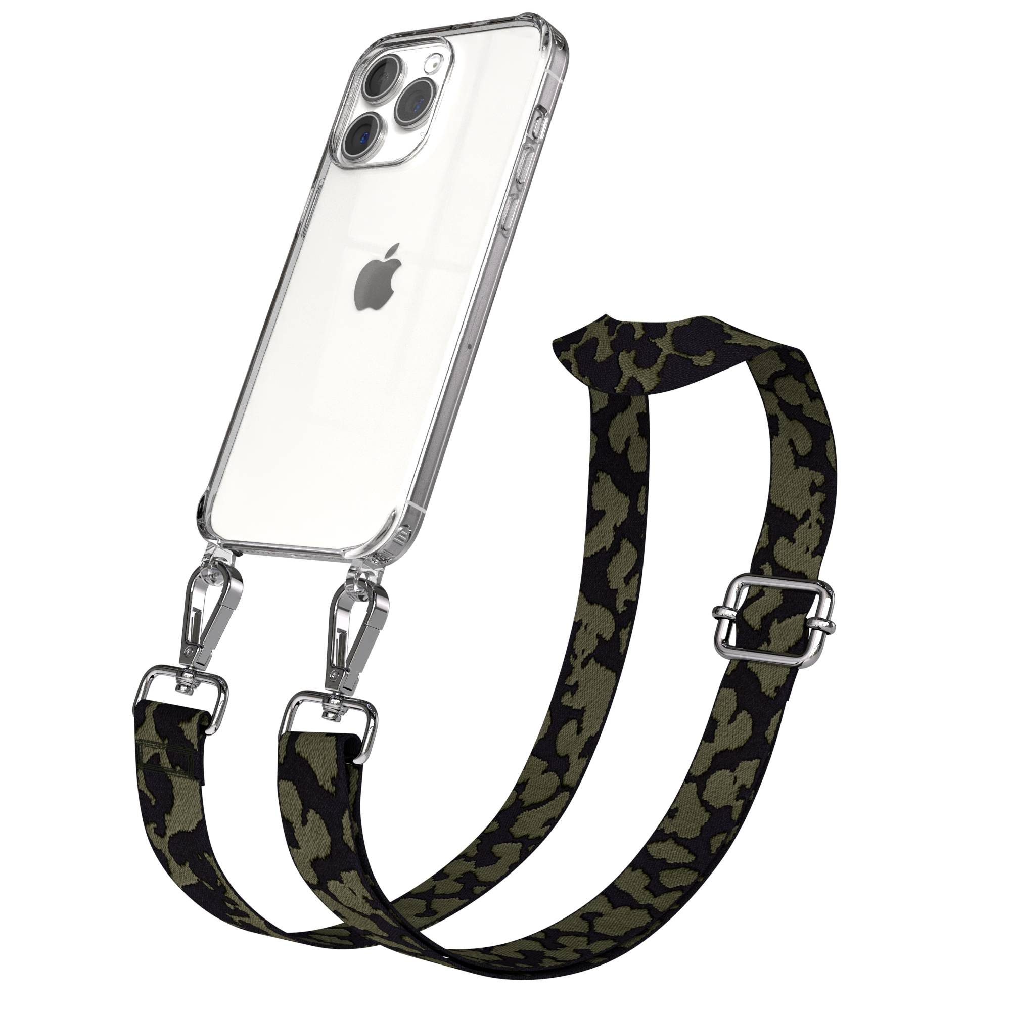 Klare Handyhülle mit Camouflage-Tragegurt an Metallclips.