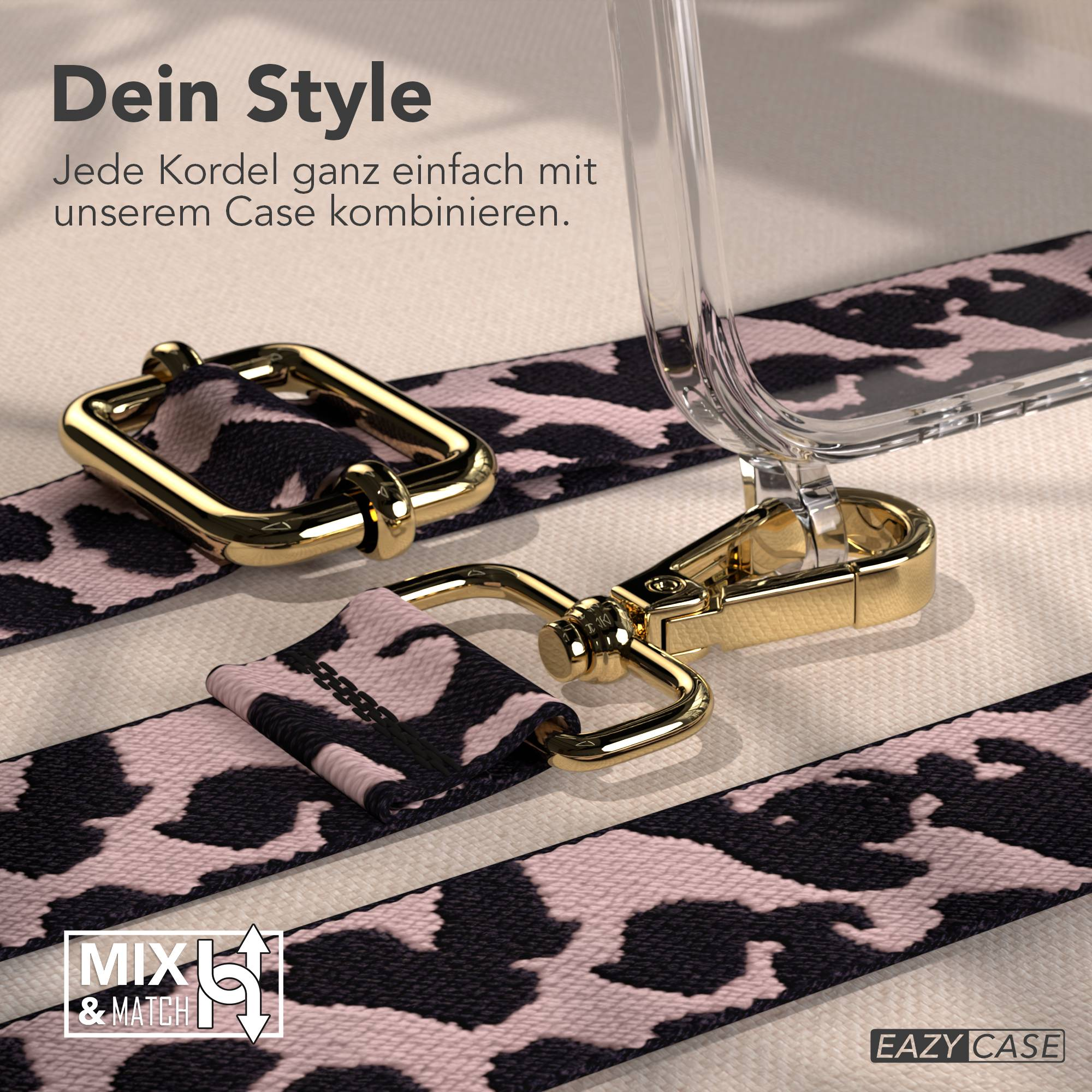 Goldfarbene Karabinerhaken und eine Leine mit Leopardenmuster.