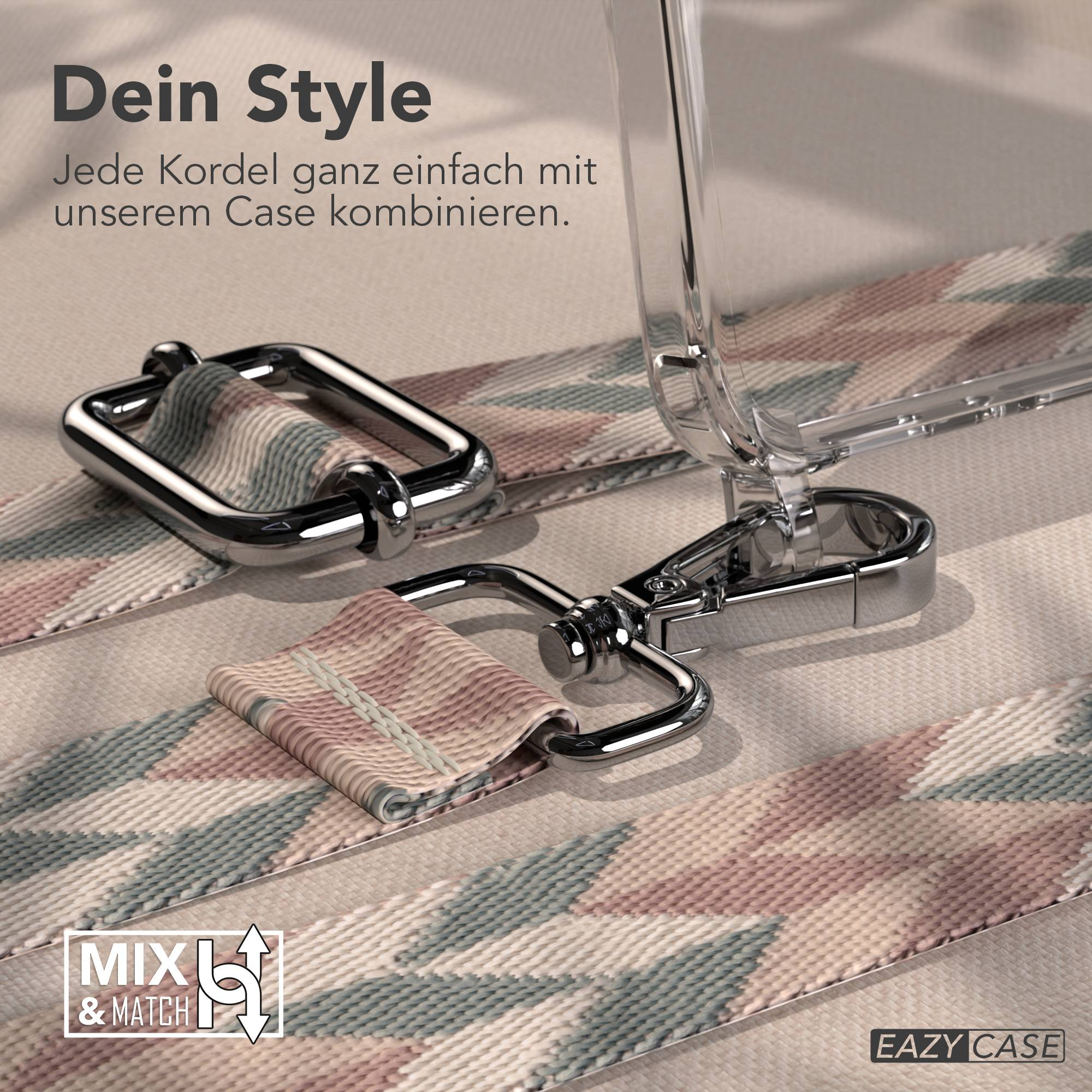 Nahaufnahme eines Handyhüllen-Riemens mit geometrischem Muster und Metallbeschlägen.