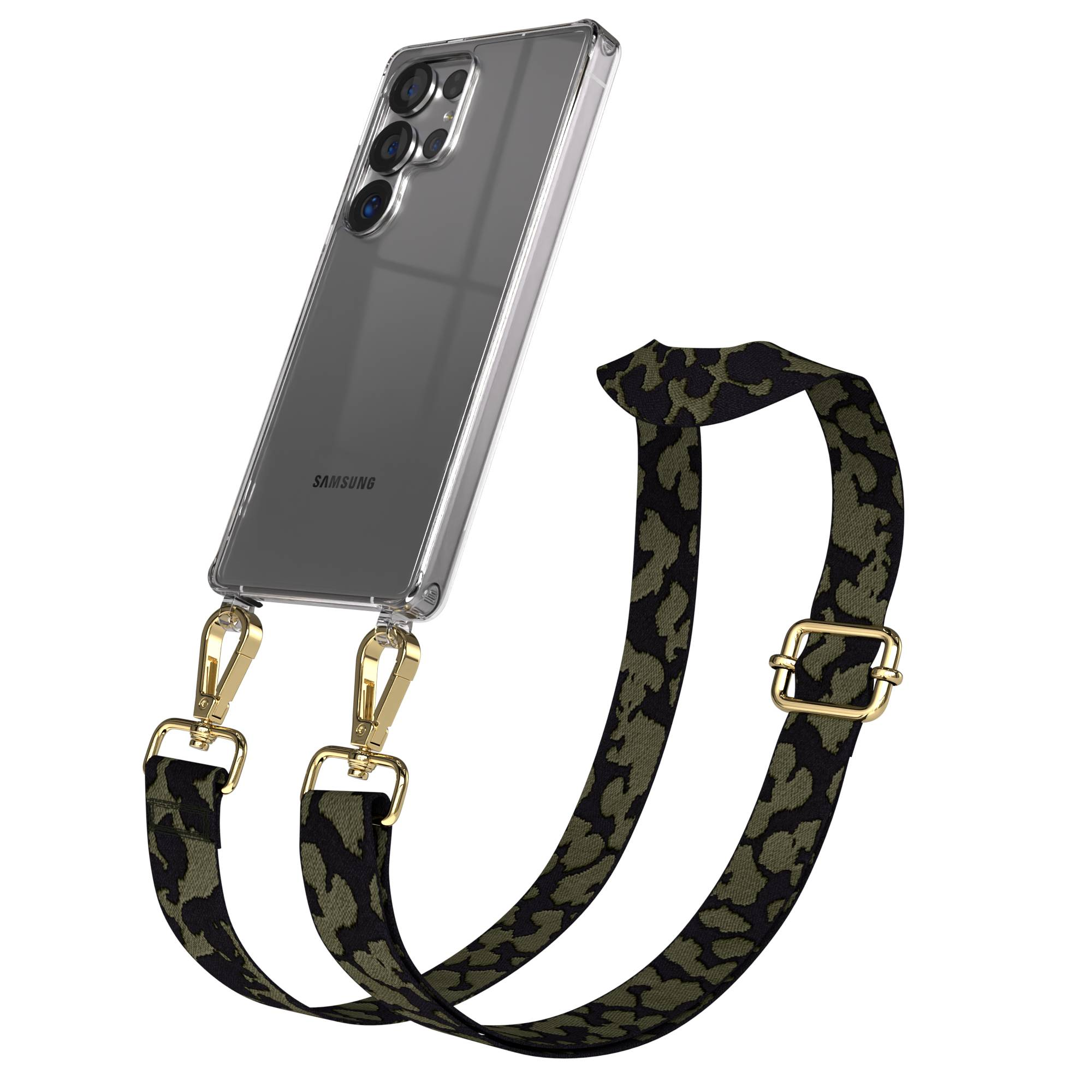 Ein Samsung-Handy mit transparentem Gehäuse und einem Camouflage-Gurt mit goldenen Verschlüssen.