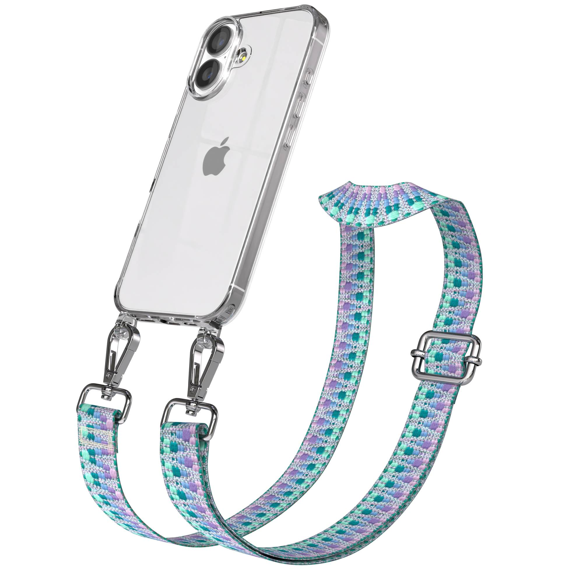 Ein durchsichtiges iPhone mit einem bunten Trageband. Metallkarabiner befestigen das Band am Handy.