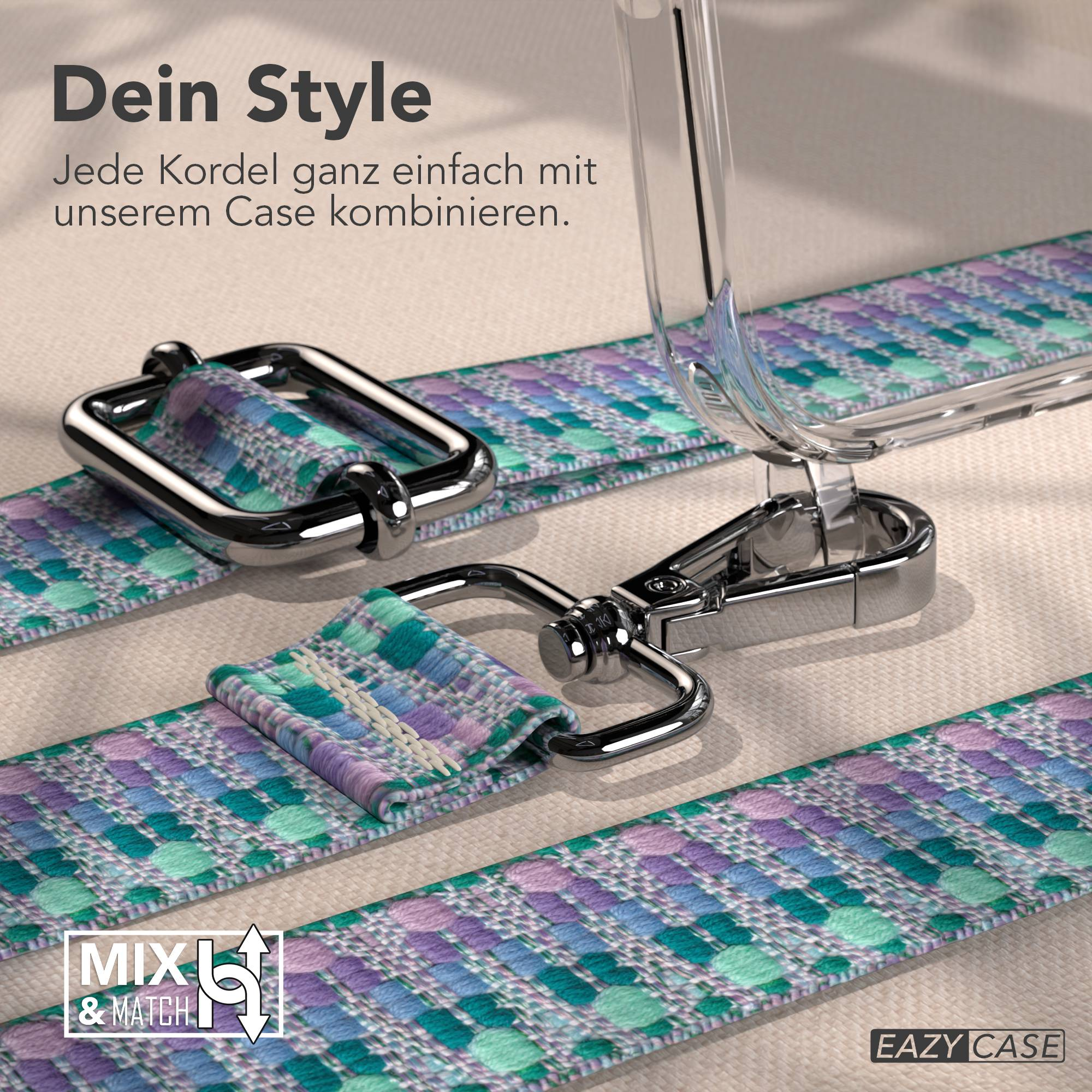 Ein Handyhülle mit einem bunten Band und silbernen Verschlüssen.
