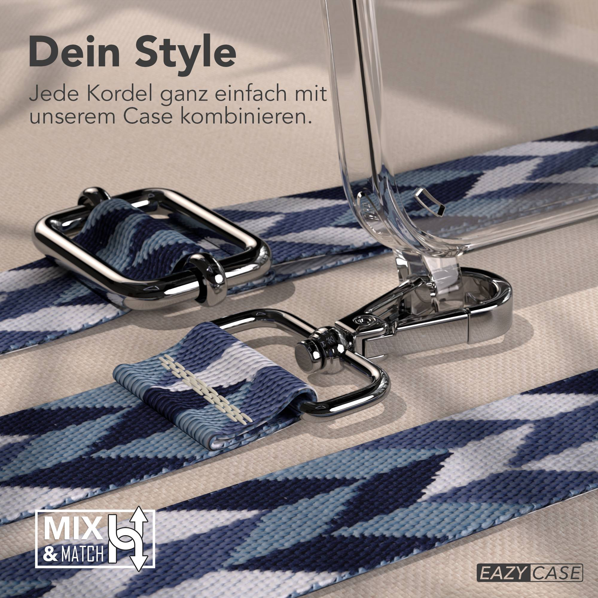 Ein Handyhülle mit einem blauen, gemusterten Band und silbernen Beschlägen.