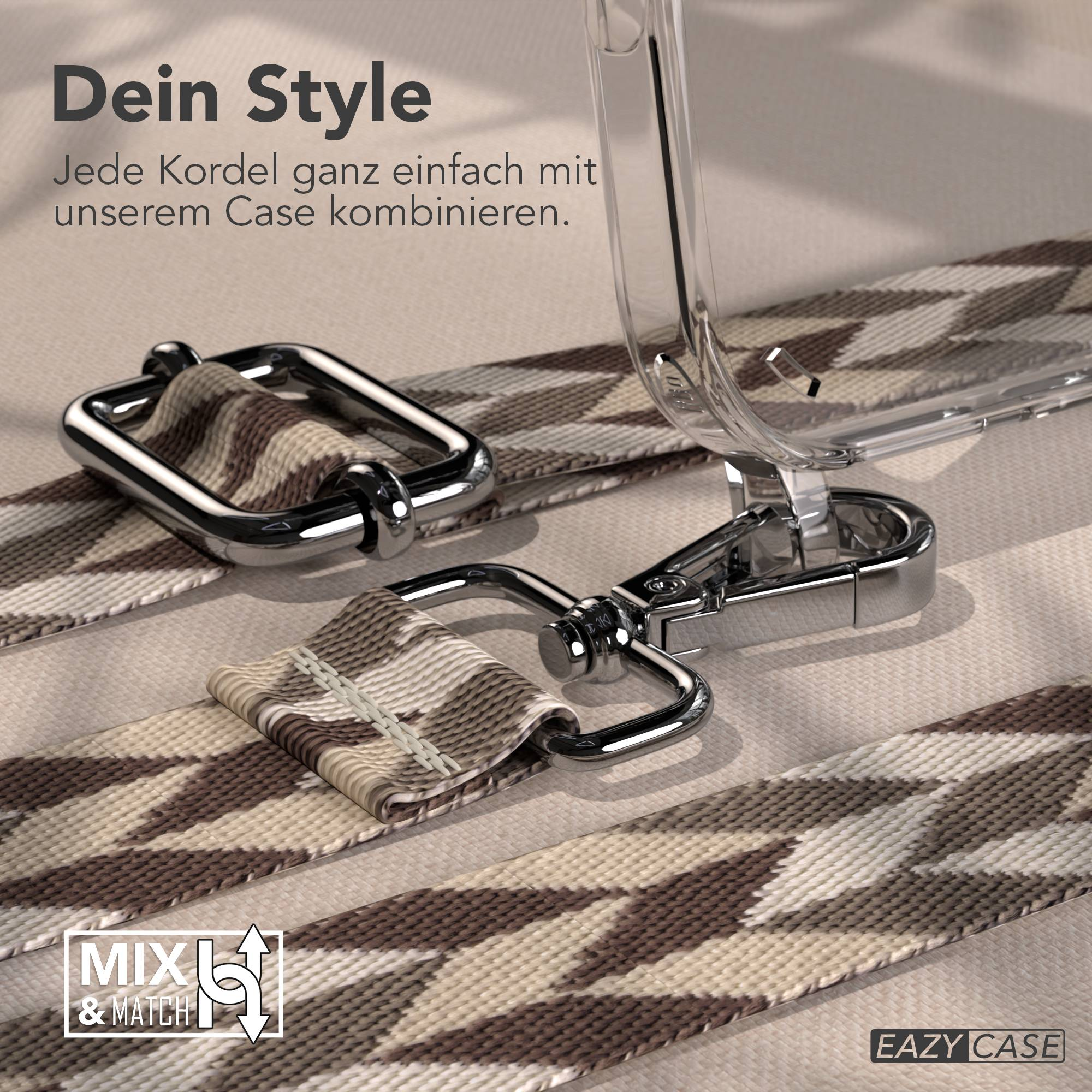 Ein transparentes Handyhülle mit einem stylischen Band mit braunem Muster.