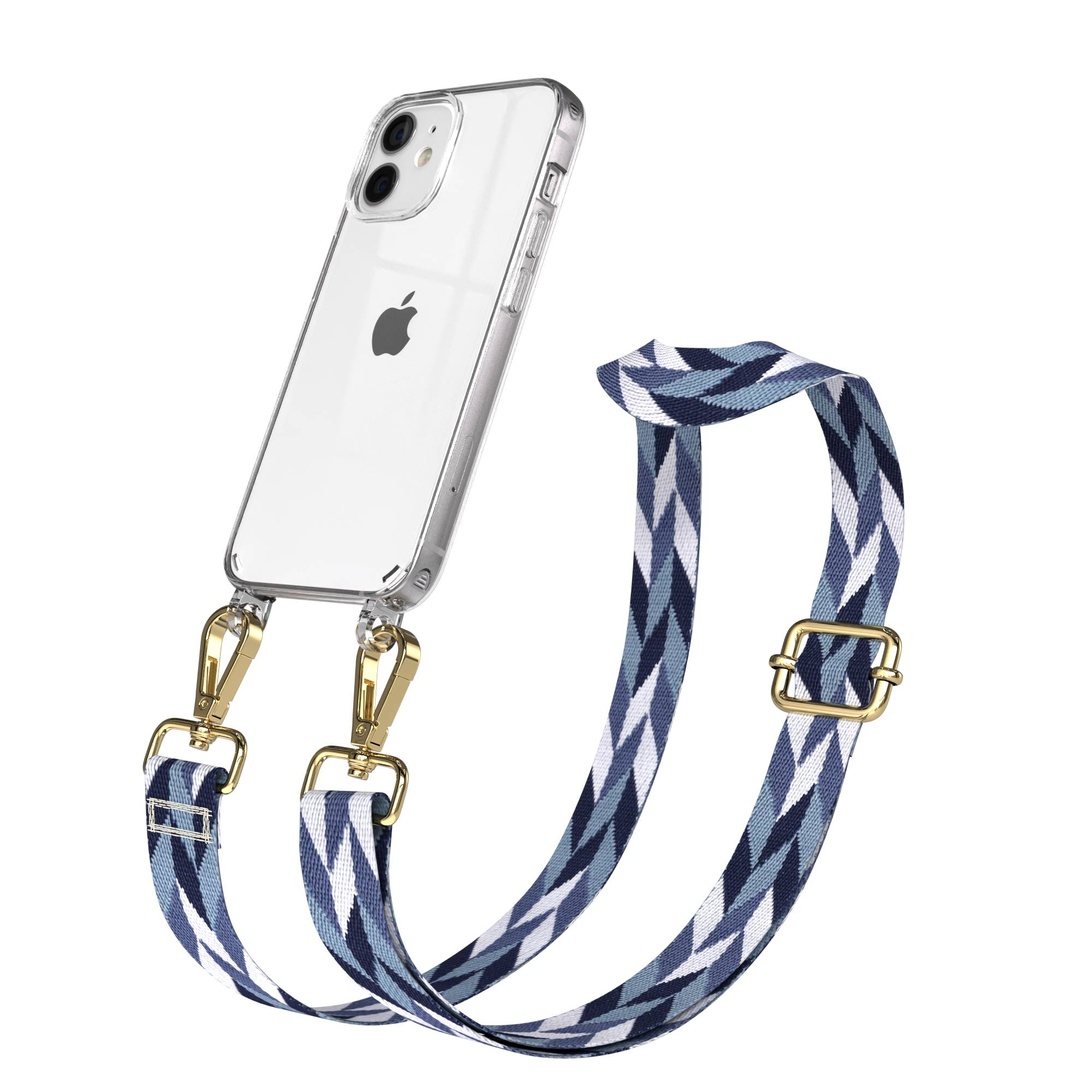 Ein transparentes iPhone mit einem blauen und weißen Band, das mit goldenen Clips befestigt ist.