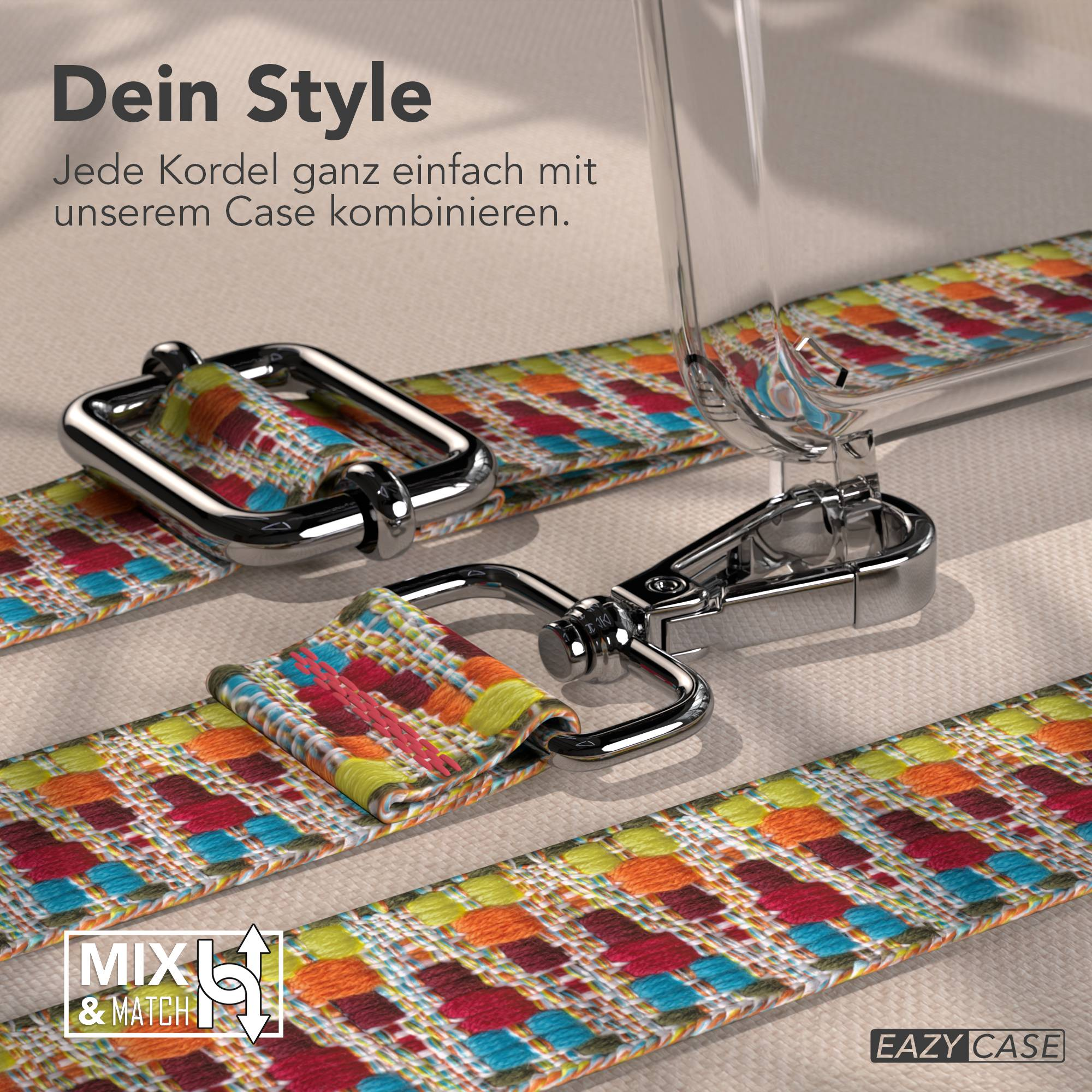 Bunte gewebte Lanyards mit Metallverschlüssen und 'Mix & Match'-Logo.