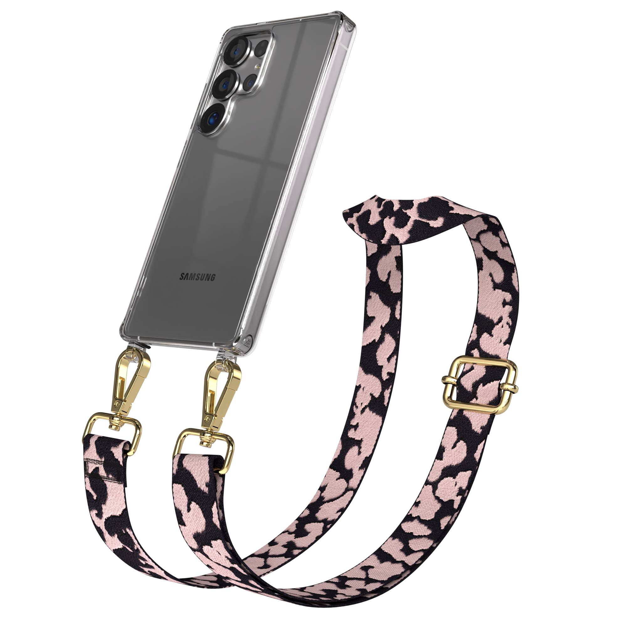 Eine durchsichtige Handyhülle mit Leopardenmuster-Riemen und goldenen Verschlüssen.