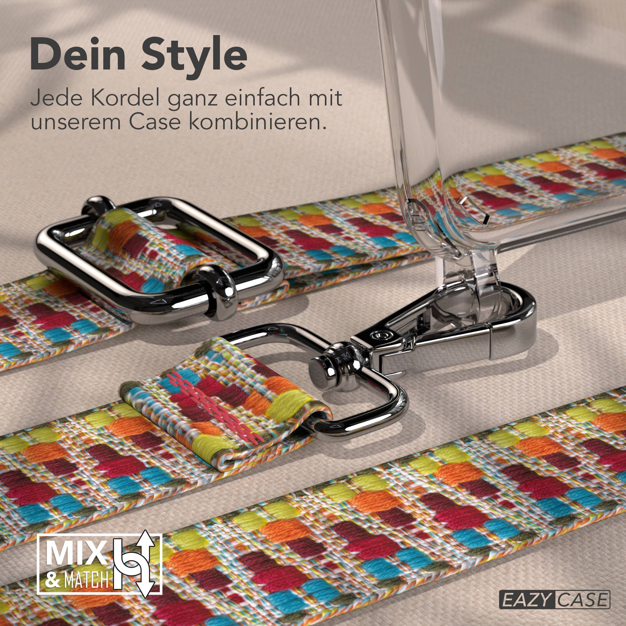 Bunte Kordel mit silbernen Schnallen und Handyhülle. Mix & Match.