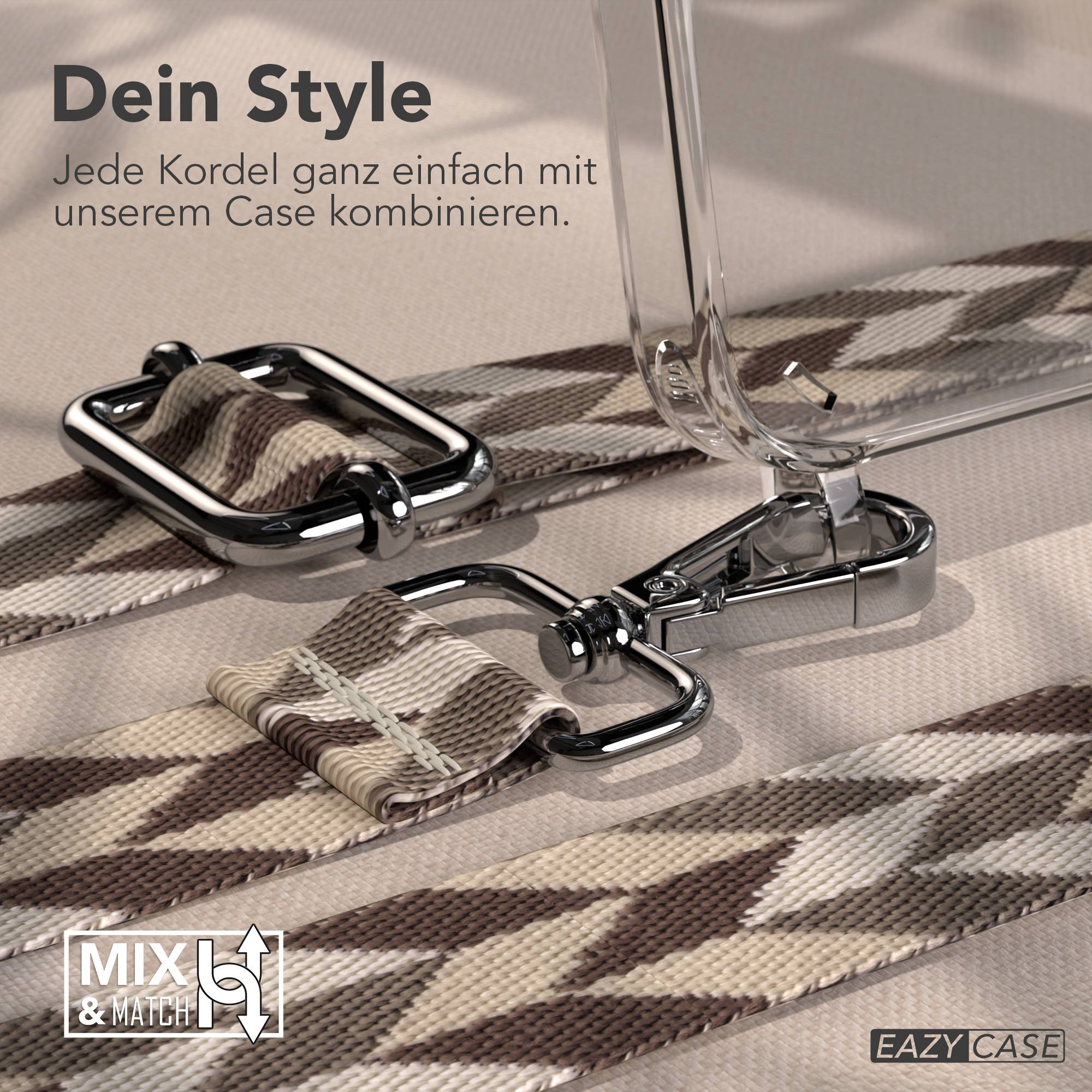 Handyhülle Band mit silbernem Verschluss und geometrischem Muster. Text: Dein Style.