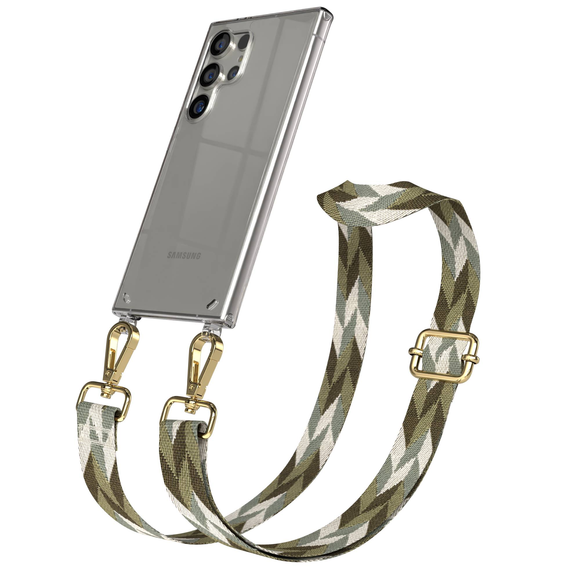 Ein durchsichtiges Samsung Handy mit einer Kameraeinheit und einem gemusterten Tragegurt.