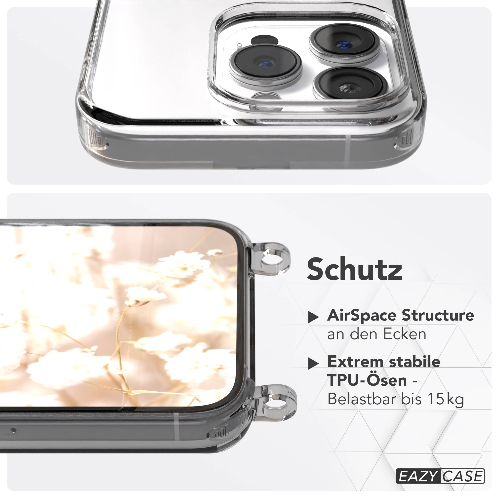 Klare Handyhülle mit Kameradetails und Text: Schutz, AirSpace Structure, Extrem stabile TPU-Ösen.