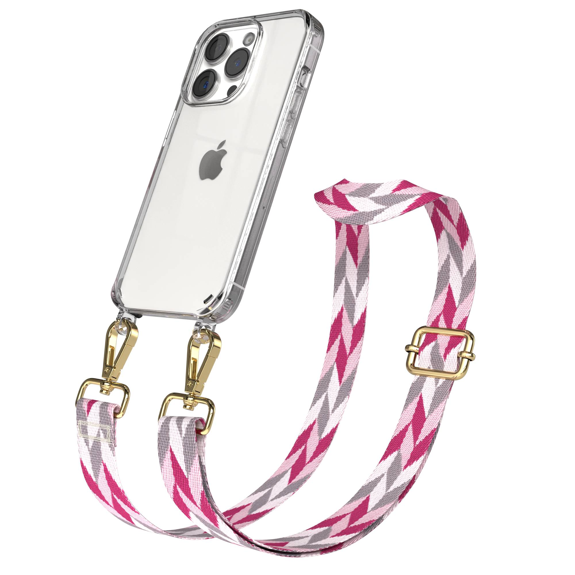 Ein transparentes iPhone mit einem pink-grauen Zickzack-Gurt. Goldene Schnallen.