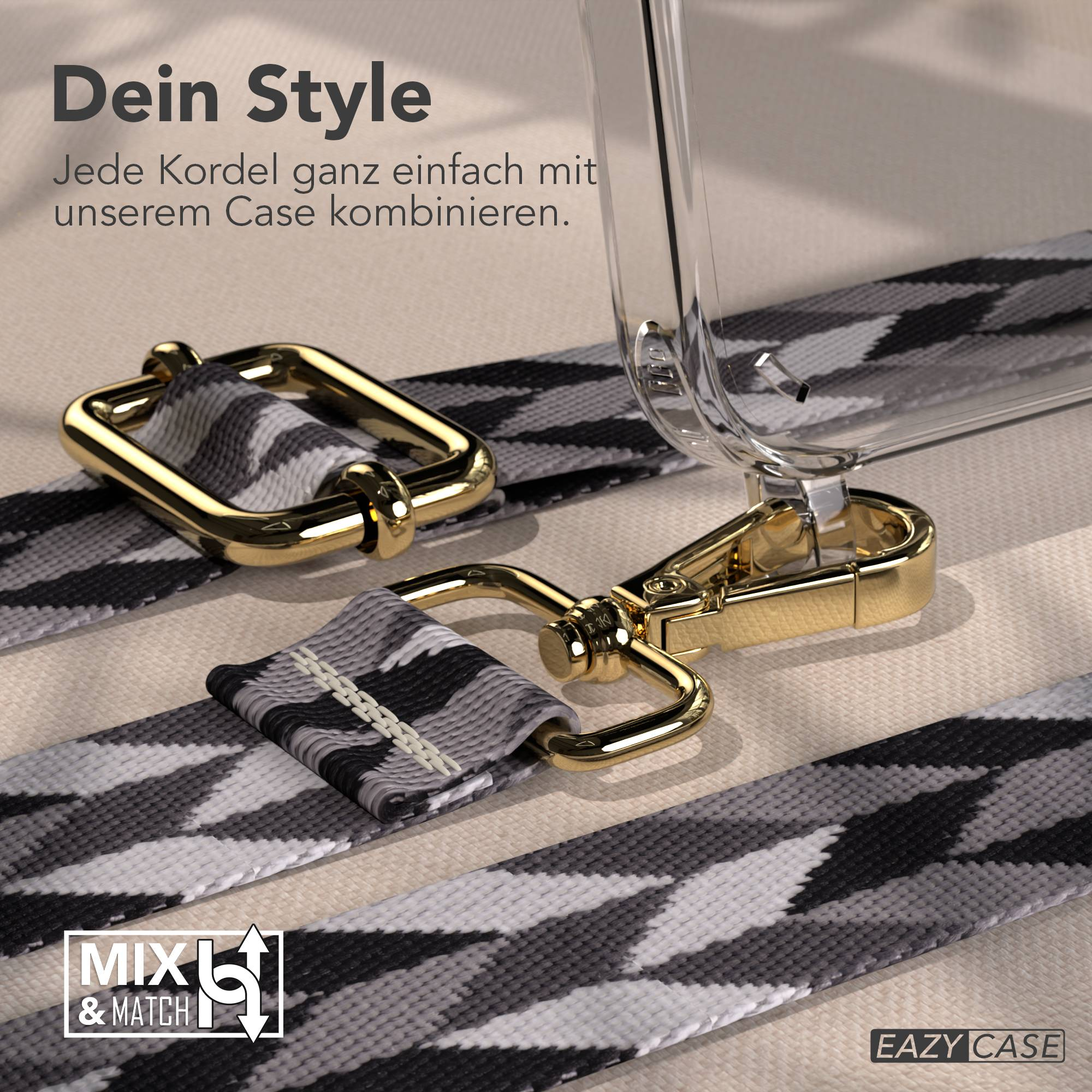Eine durchsichtige Handyhülle mit einem grau-weiß-schwarzen gemusterten Band und goldener Hardware.