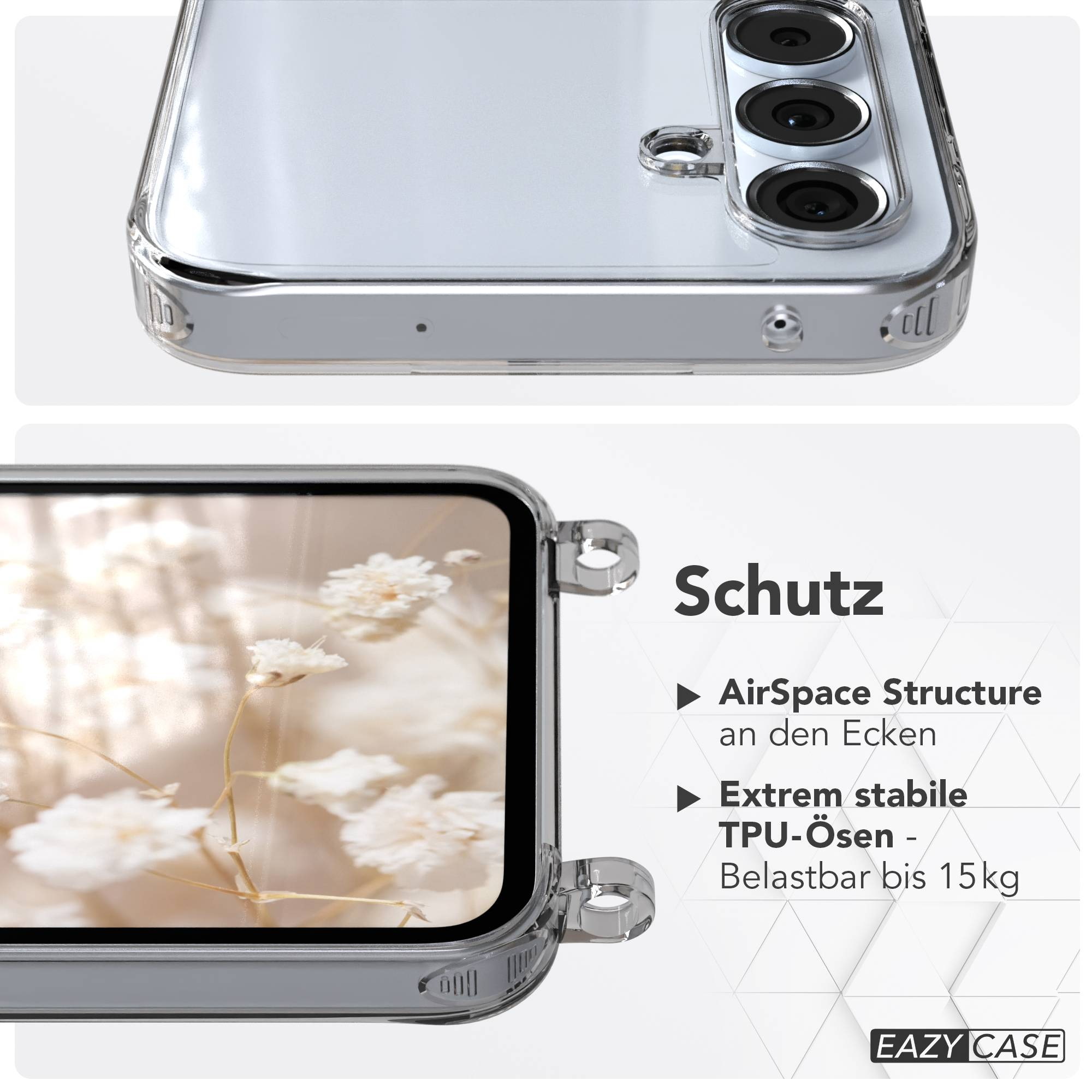 Transparente Handyhülle mit Kameraaussparung. Text: Schutz, AirSpace Structure.