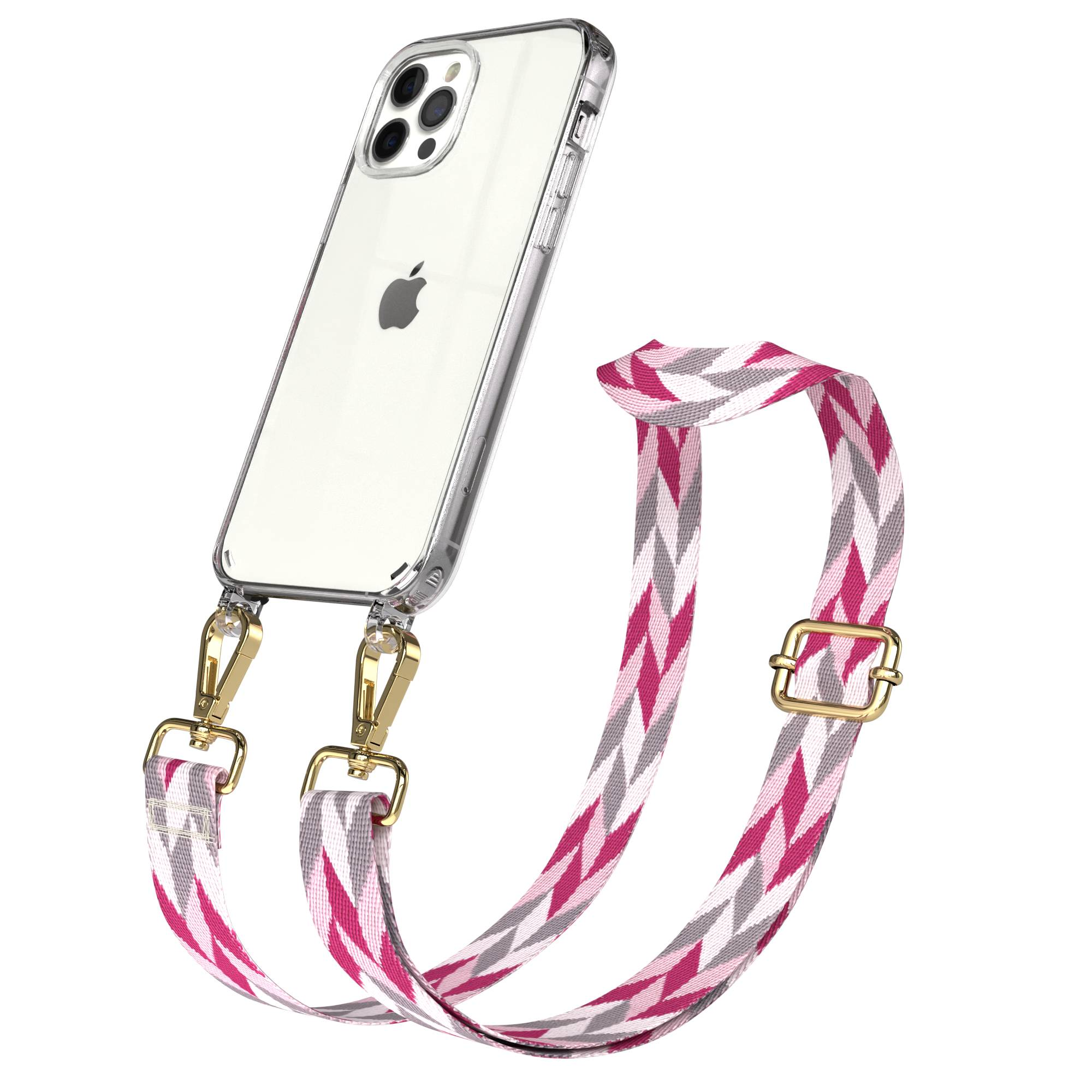 Ein durchsichtiges iPhone mit einem Riemen in Zickzackmuster aus Pink, Grau und Weiß.