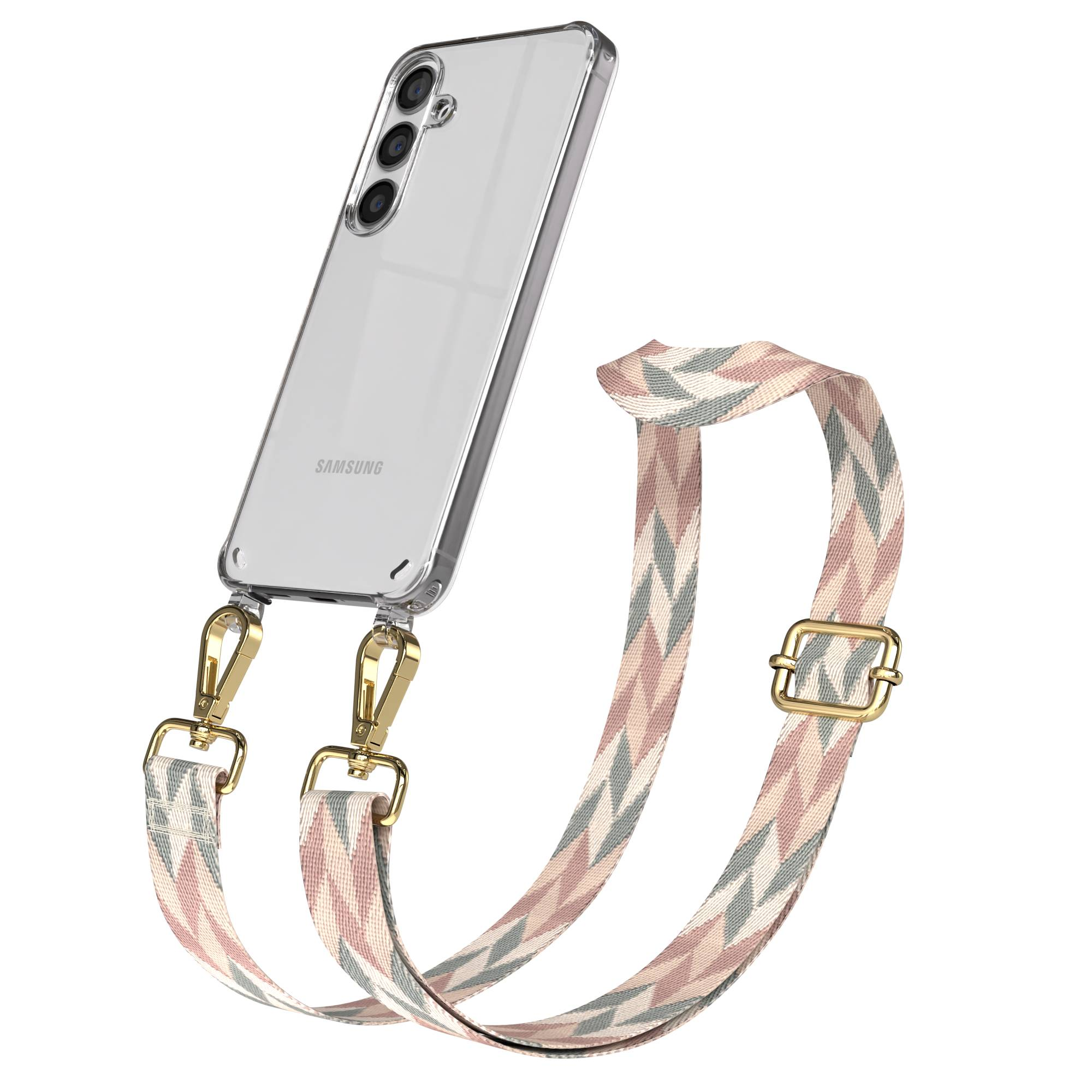Ein durchsichtiges Samsung-Handy mit einem farbenfrohen Band und goldenen Beschlägen.