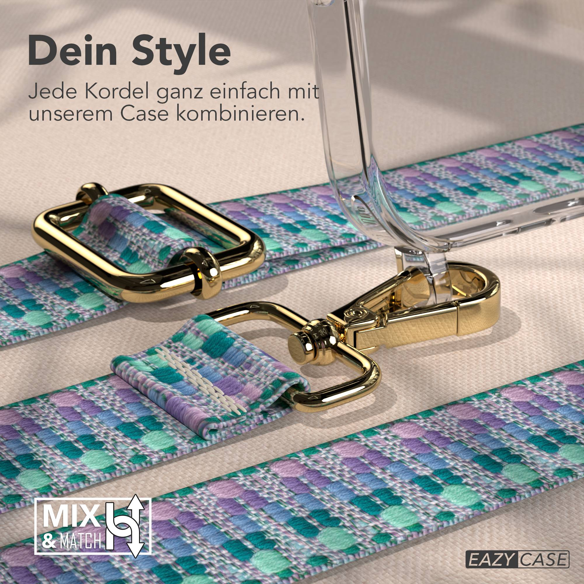 Goldene Schnalle verbindet gemustertes Band mit transparentem Case.