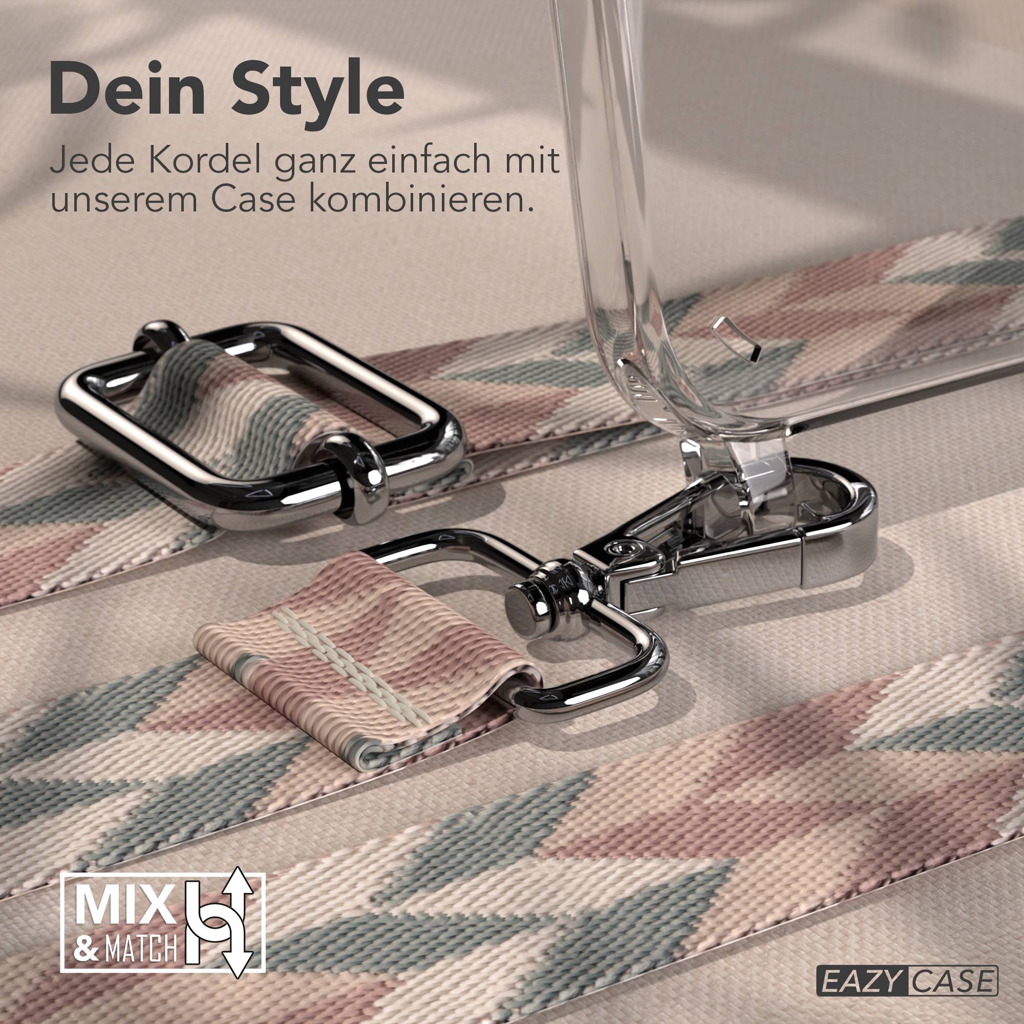 Ein Handyband mit silbernen Schnallen und einem geometrischen Muster in Rosa und Grün.