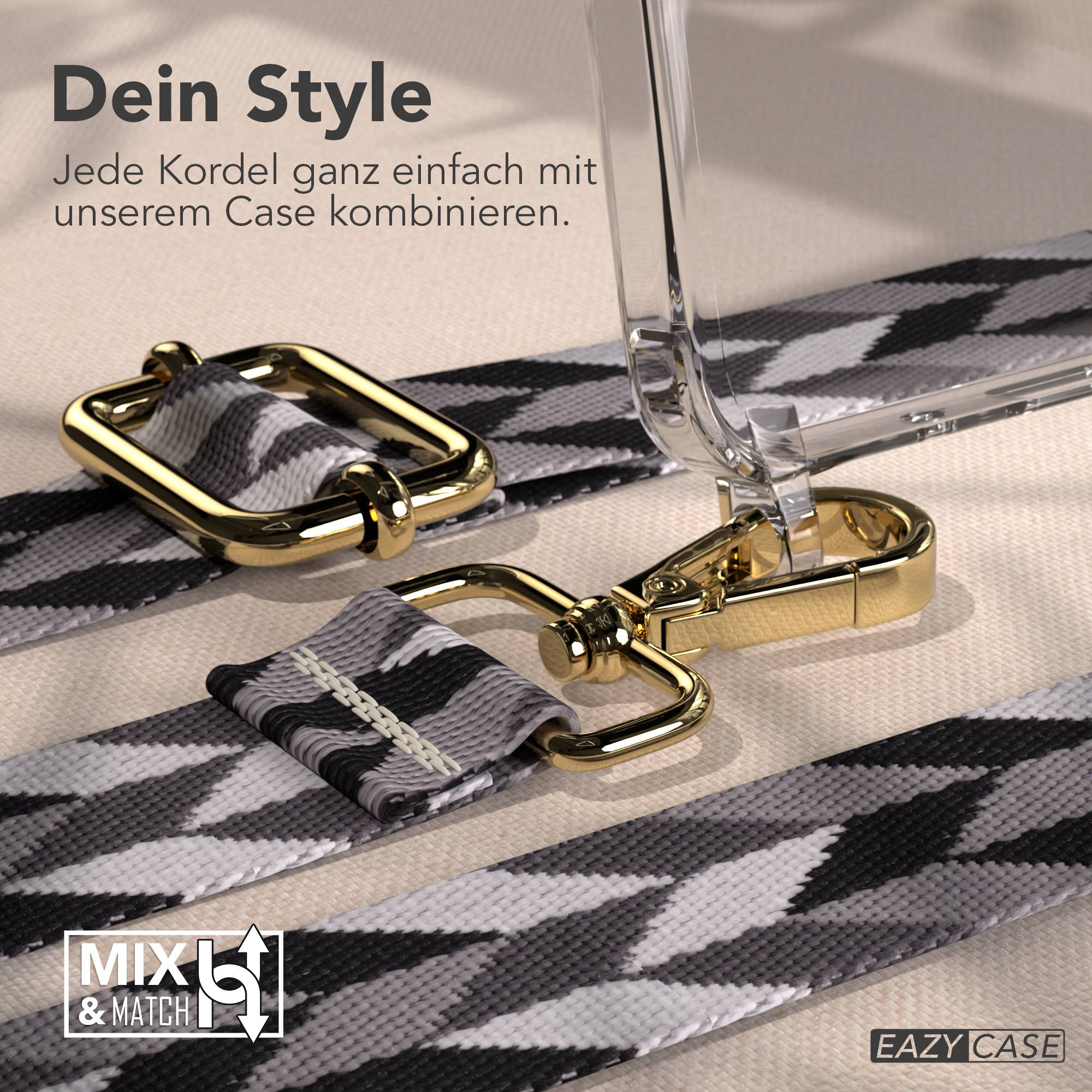 Ein Handyhülle mit Kordel in Grau, Schwarz und Weiß mit goldener Hardware.