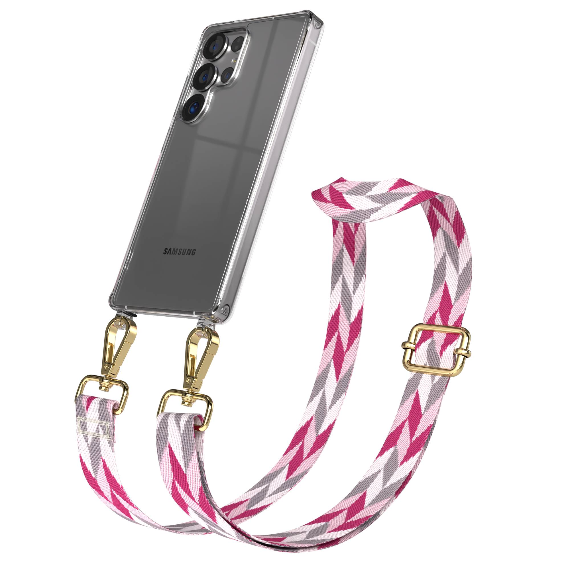 Ein Smartphone mit einer klaren Hülle und einem pink-grauen Gurt.