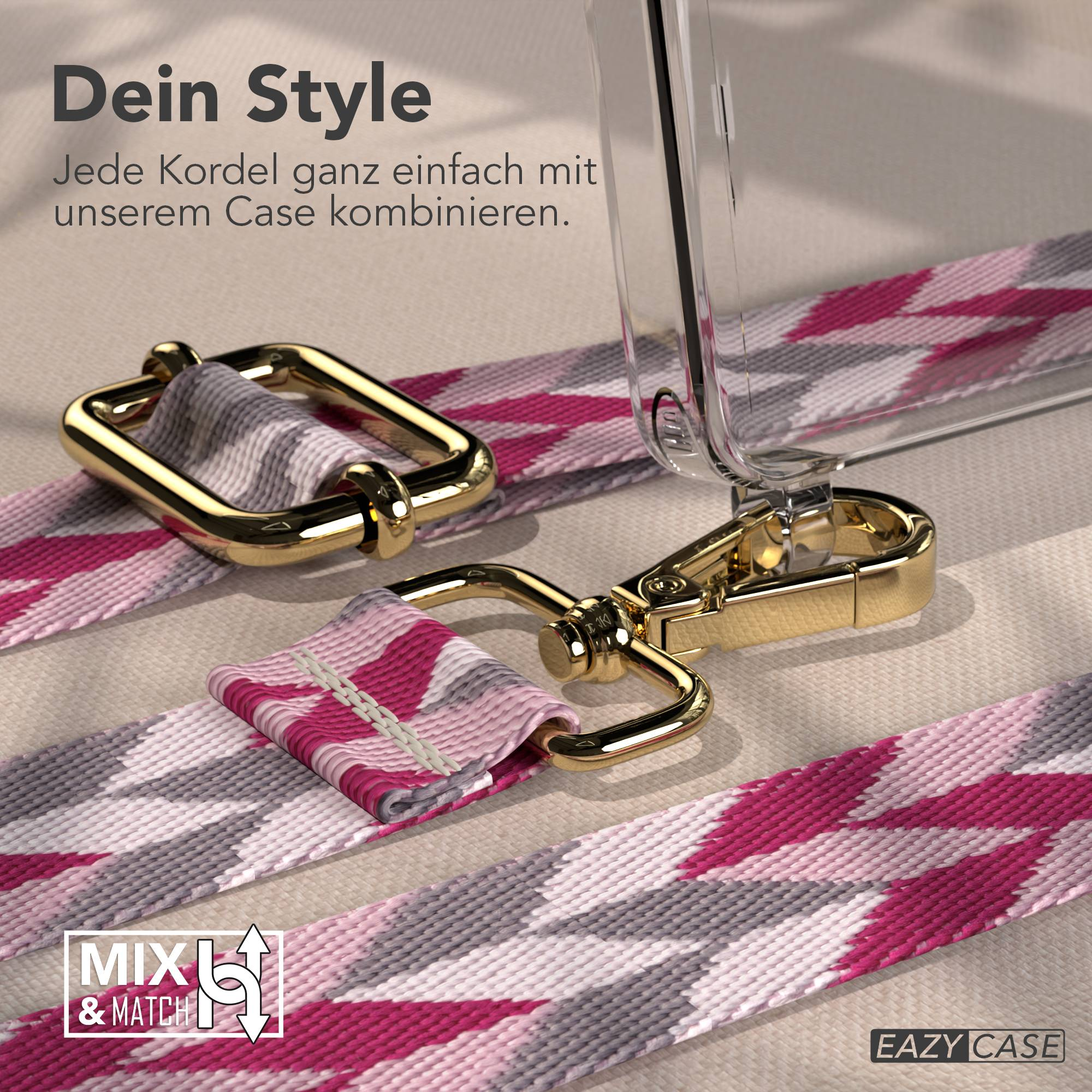 iPhone-Hülle mit Armband und goldenen Beschlägen im Zickzackmuster.
