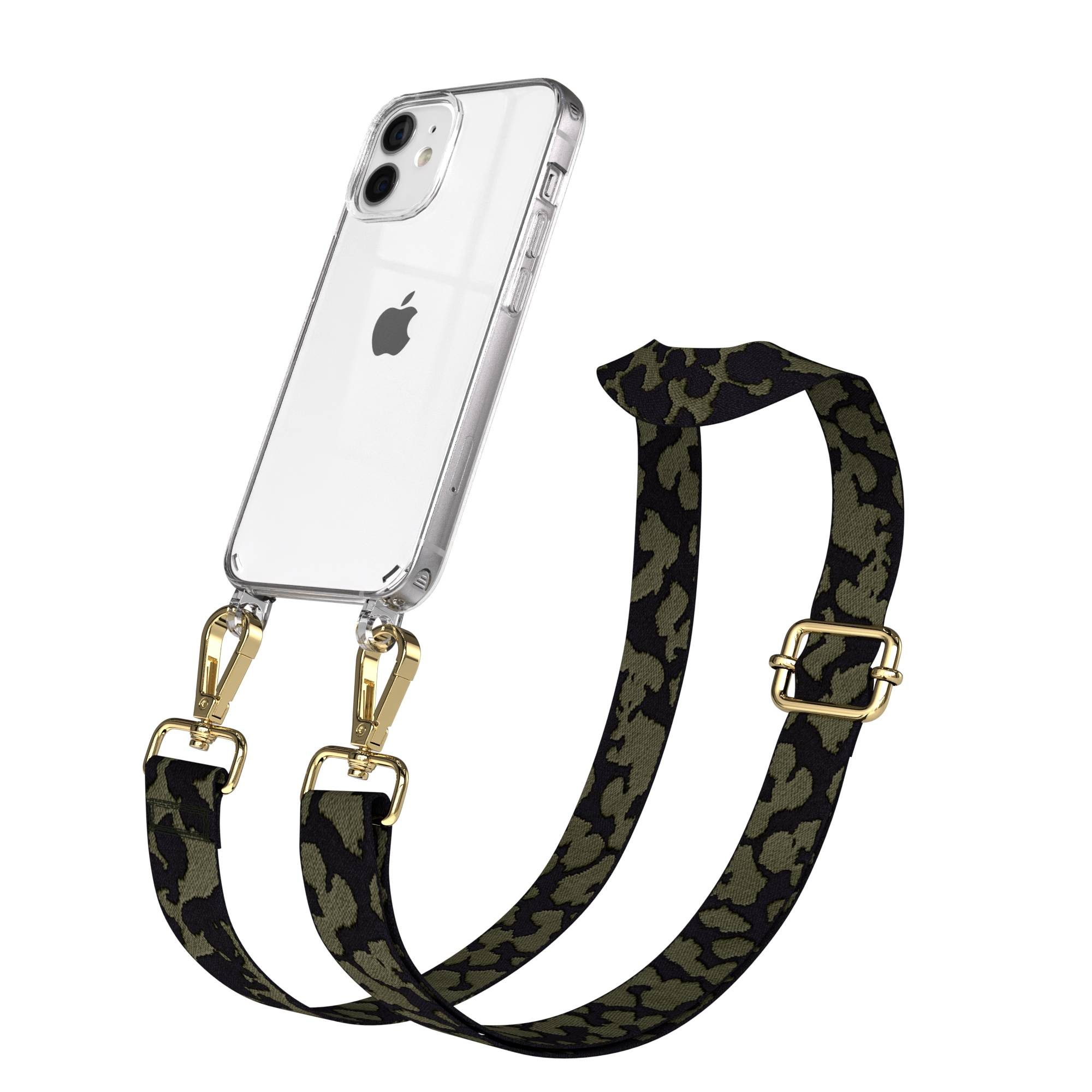 Eine durchsichtige iPhone-Hülle mit einem Camouflage-Riemen, befestigt mit goldenen Clips.