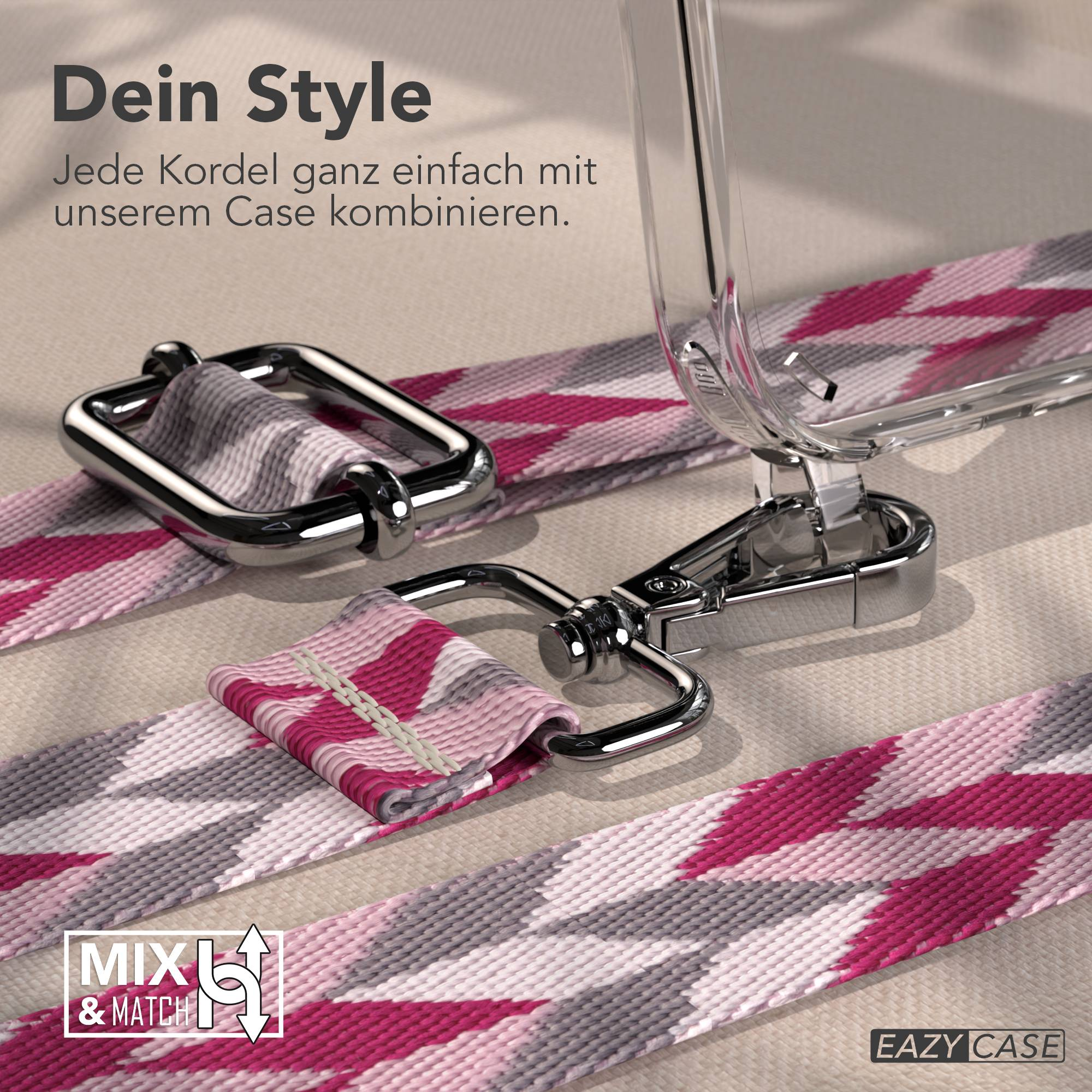 Ein transparentes Handyhülle mit einem schillernden Band in Pink und Grau.