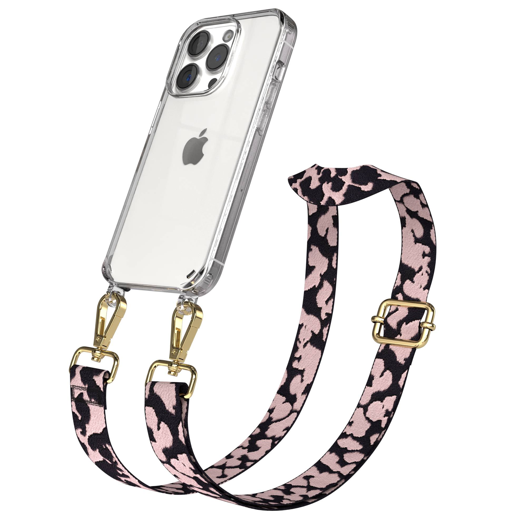 Ein transparentes iPhone mit Leopardenmuster-Tragegurt und goldenen Beschlägen.