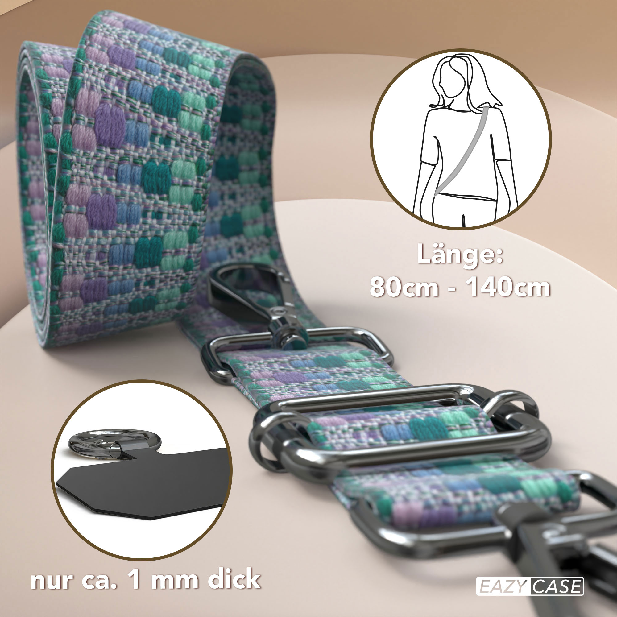 Ein gemusterter Gurt mit Metallbeschlägen, gezeigt mit Größen- und Dickenangaben.