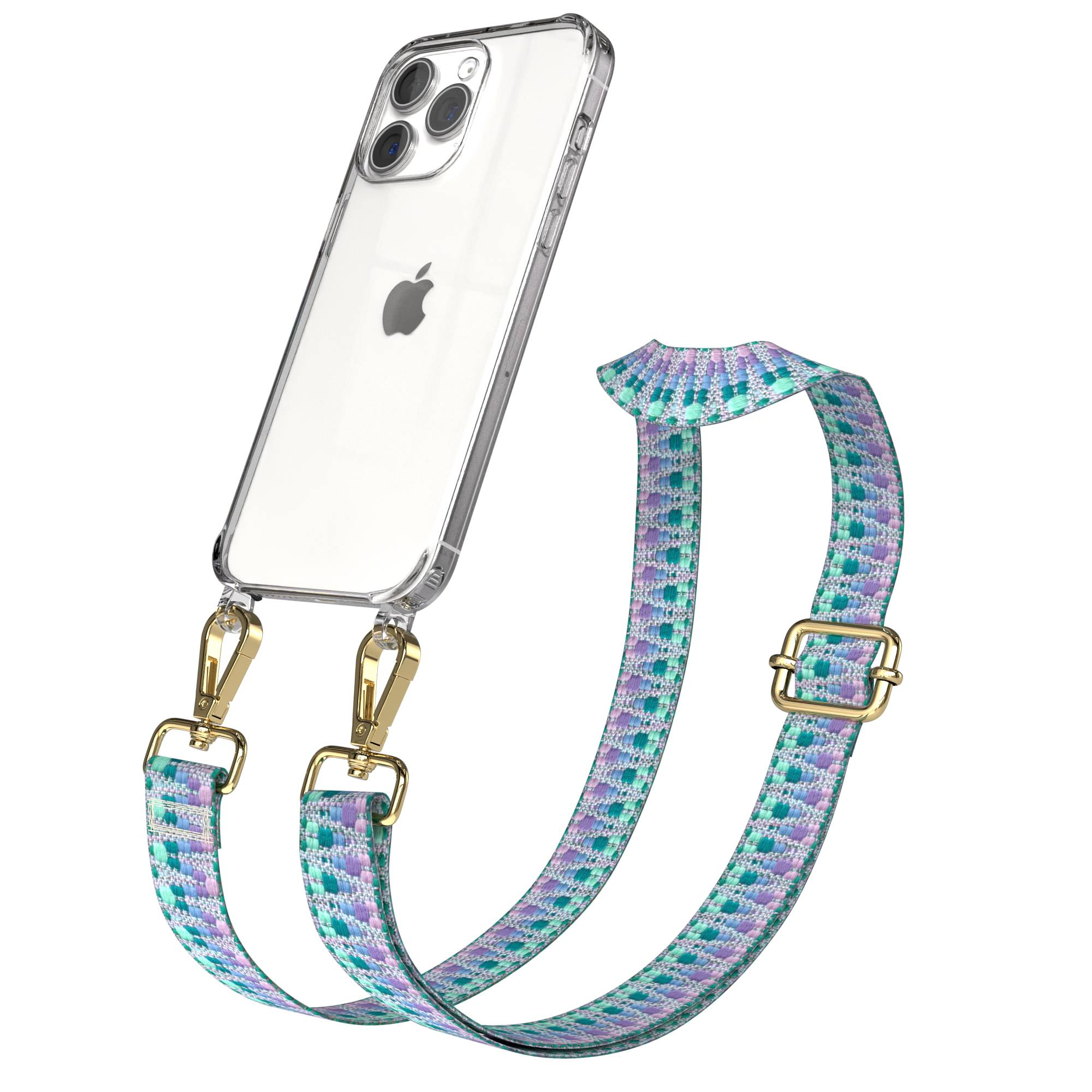 Ein durchsichtiges iPhone mit einem bunten Gurt und goldenen Clips.