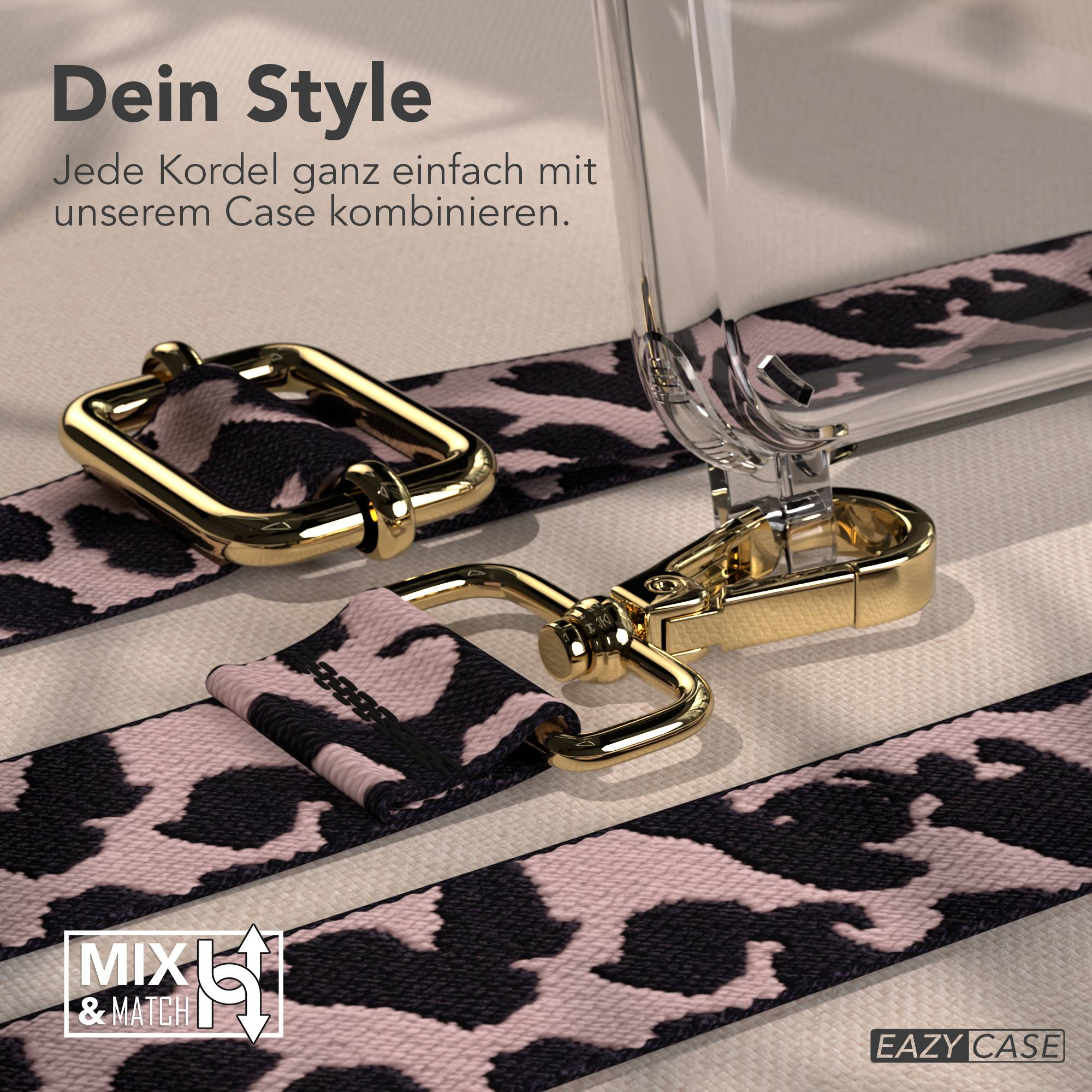 Eine pinke Kordel mit Leopardenmuster und goldenen Karabinern.