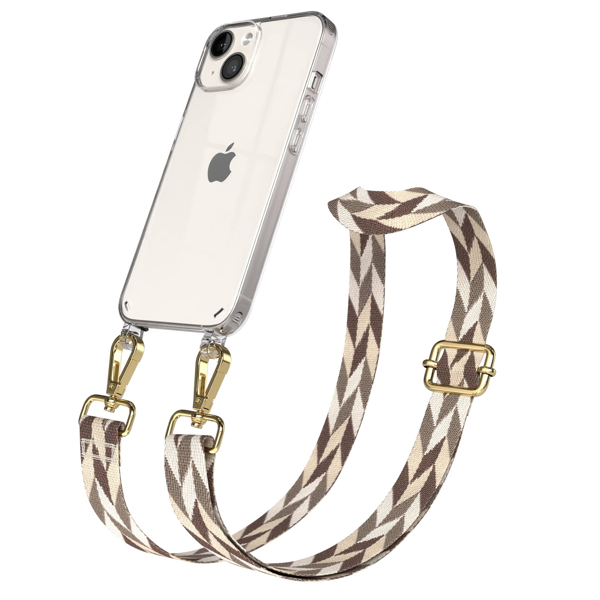 Klare Handyhülle mit gemustertem Riemen, befestigt mit goldenen Clips.