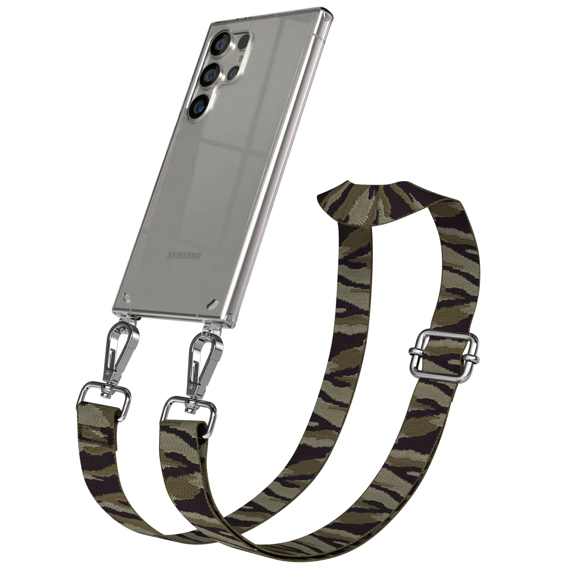 Ein durchsichtiges Samsung-Handy mit einem Tarnmuster-Gurt, der an silbernen Schnallen befestigt ist.