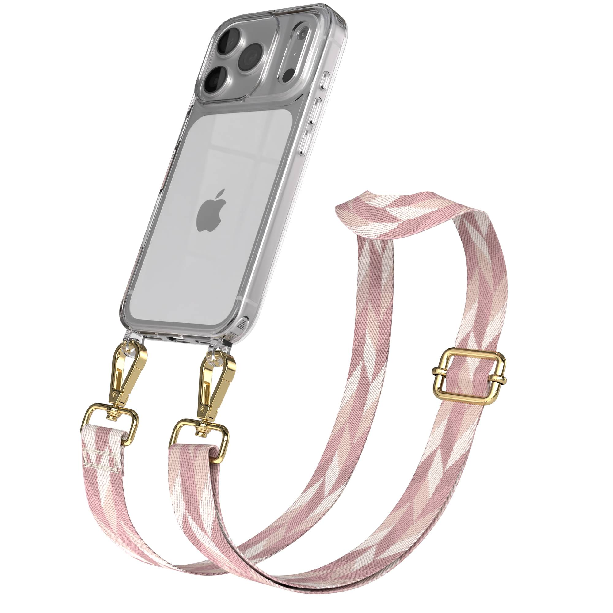 Klare Handyhülle mit pinkfarbenem geometrischem Gurt und goldener Hardware auf Weiß.