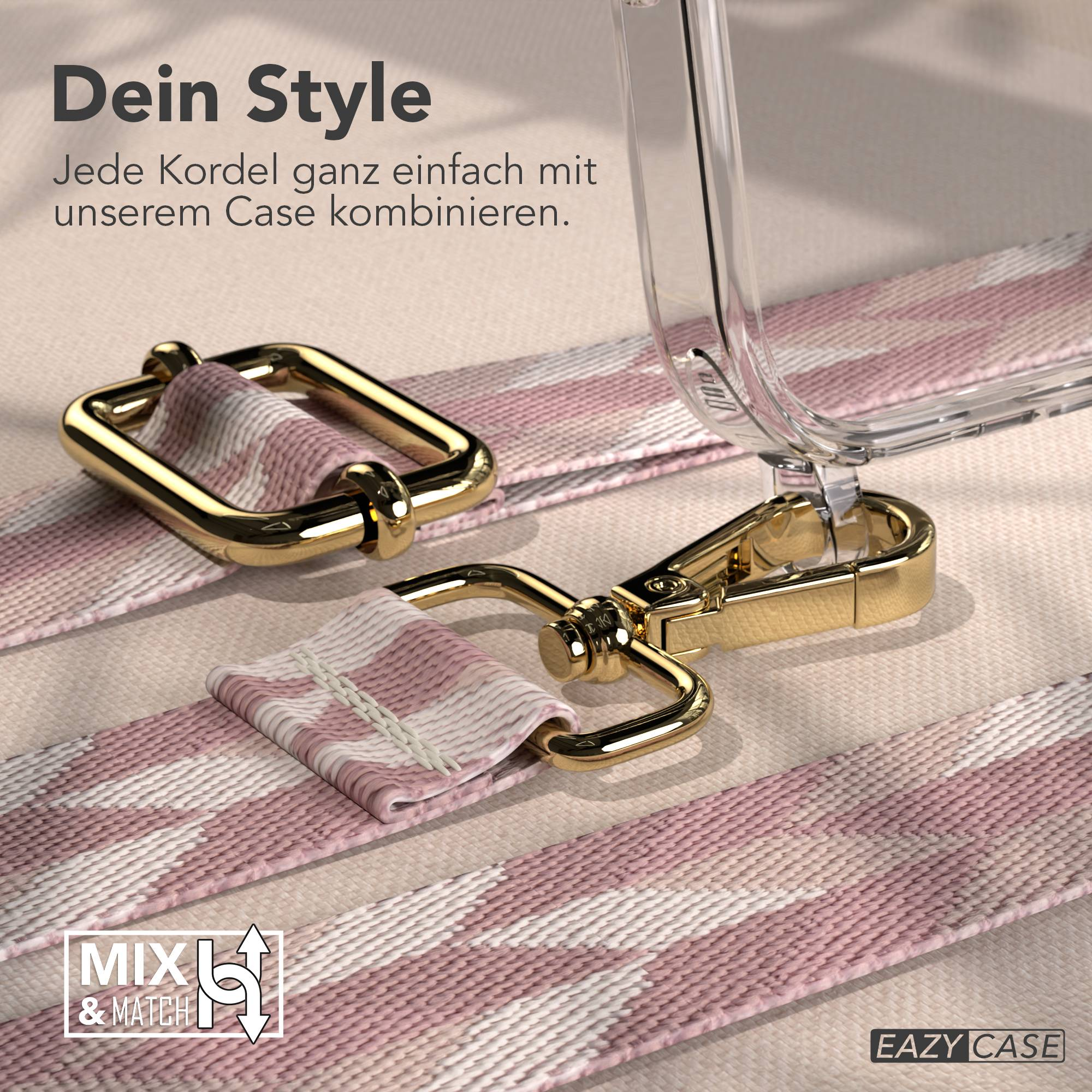 Ein stilvoller Handy-Gurt mit goldenen Beschlägen und rosa-weißer Musterung.