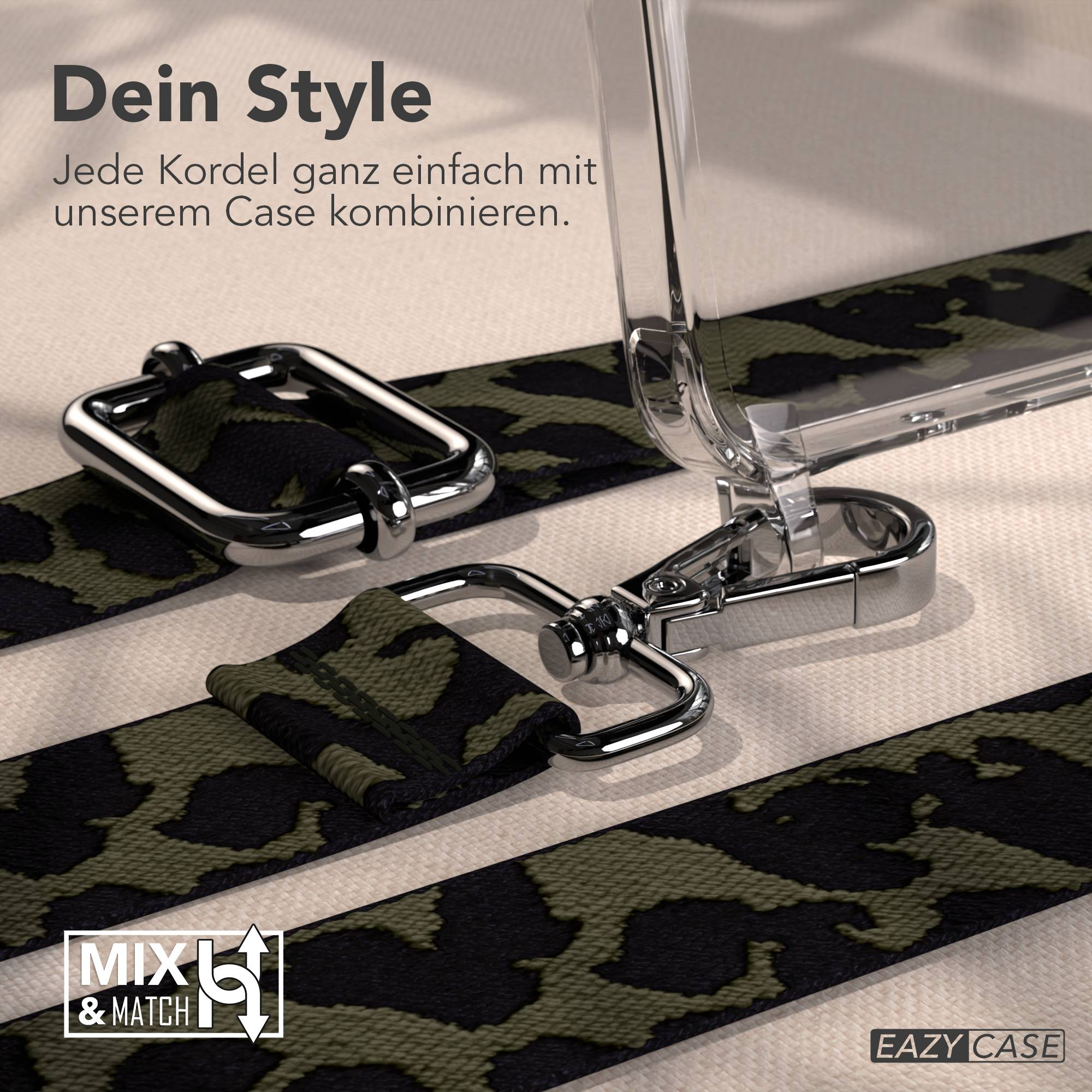 Transparenter Handyhülle mit Camouflage-Band und silbernen Metallbeschlägen.