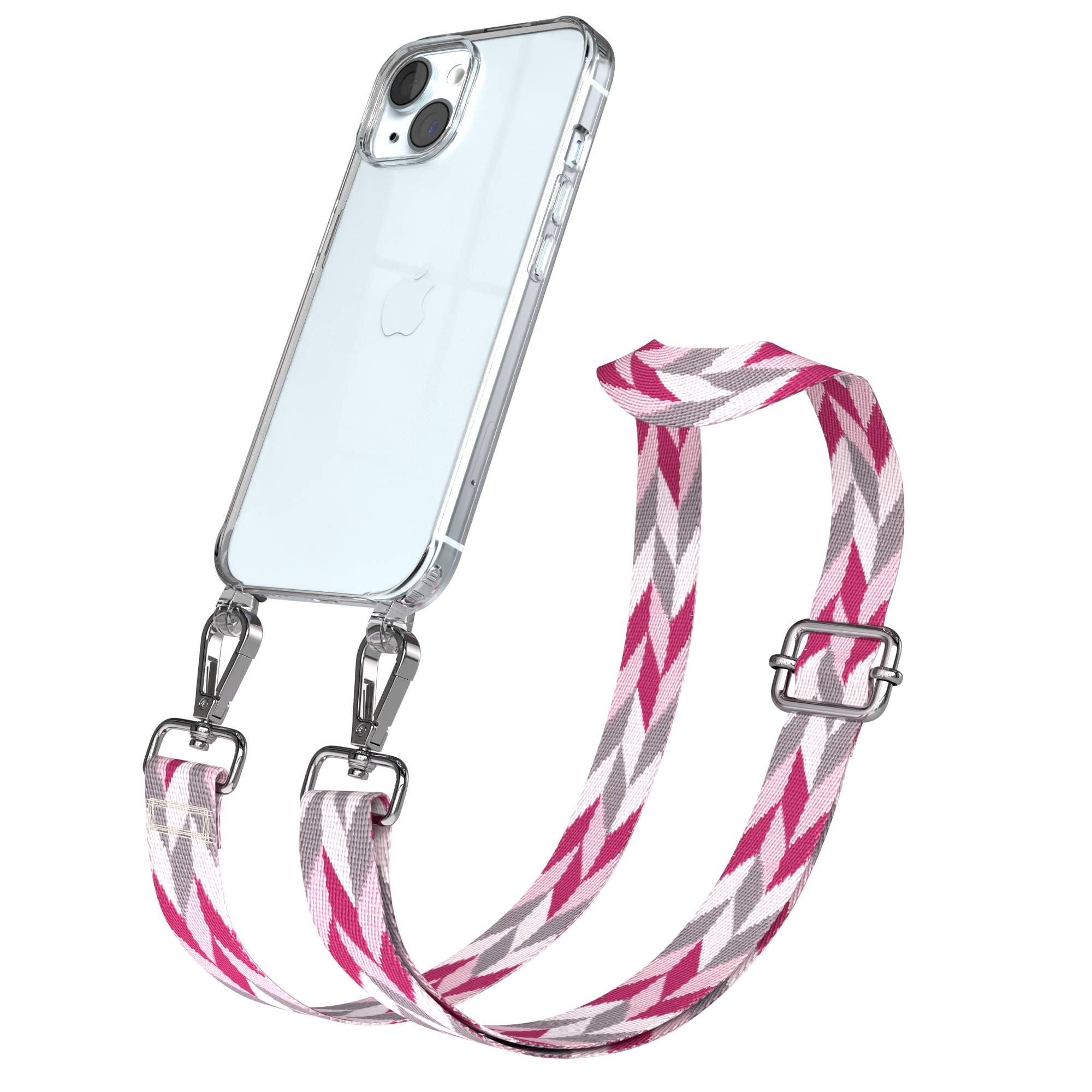 Ein klares Handyhülle mit einem gemusterten Band in Pink, Grau und Weiß.