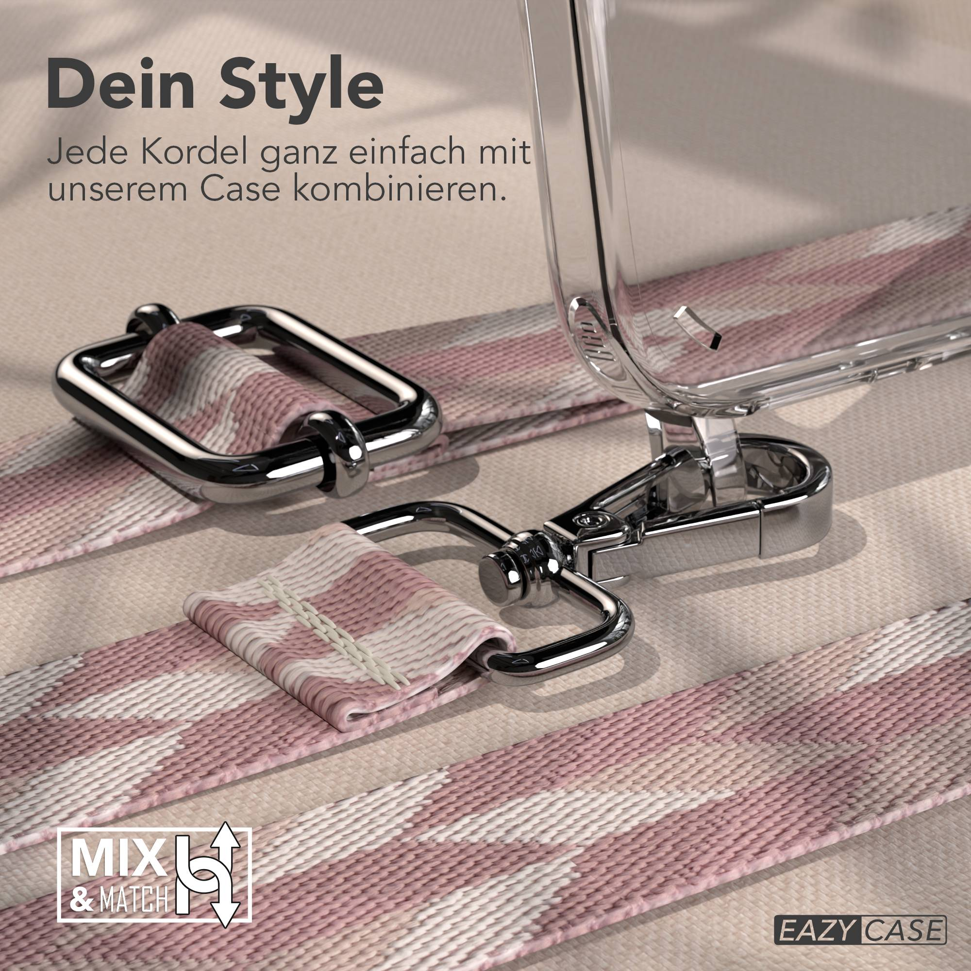 Ein transparenter Handyhülle mit einem rosa-weißen Gurt, Clips und dem Logo.