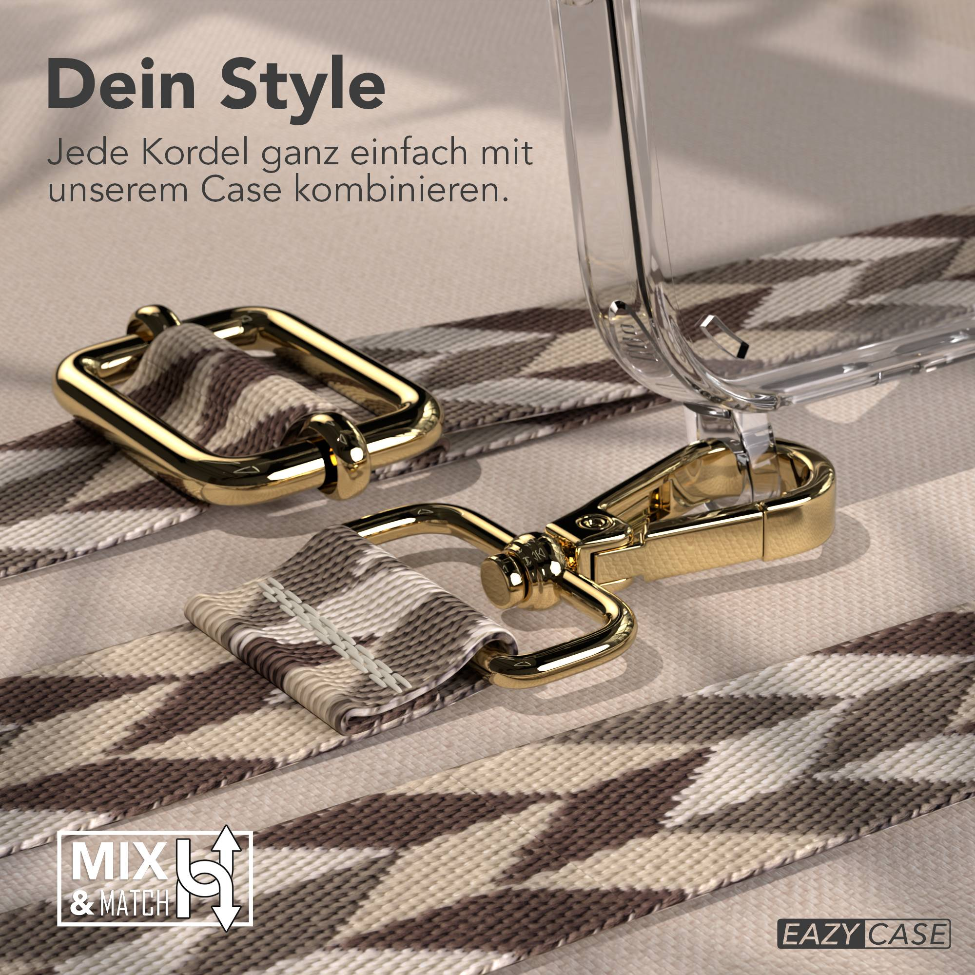 Nahaufnahme eines gemusterten Riemens mit goldener Hardware, verbunden mit einer Hülle.